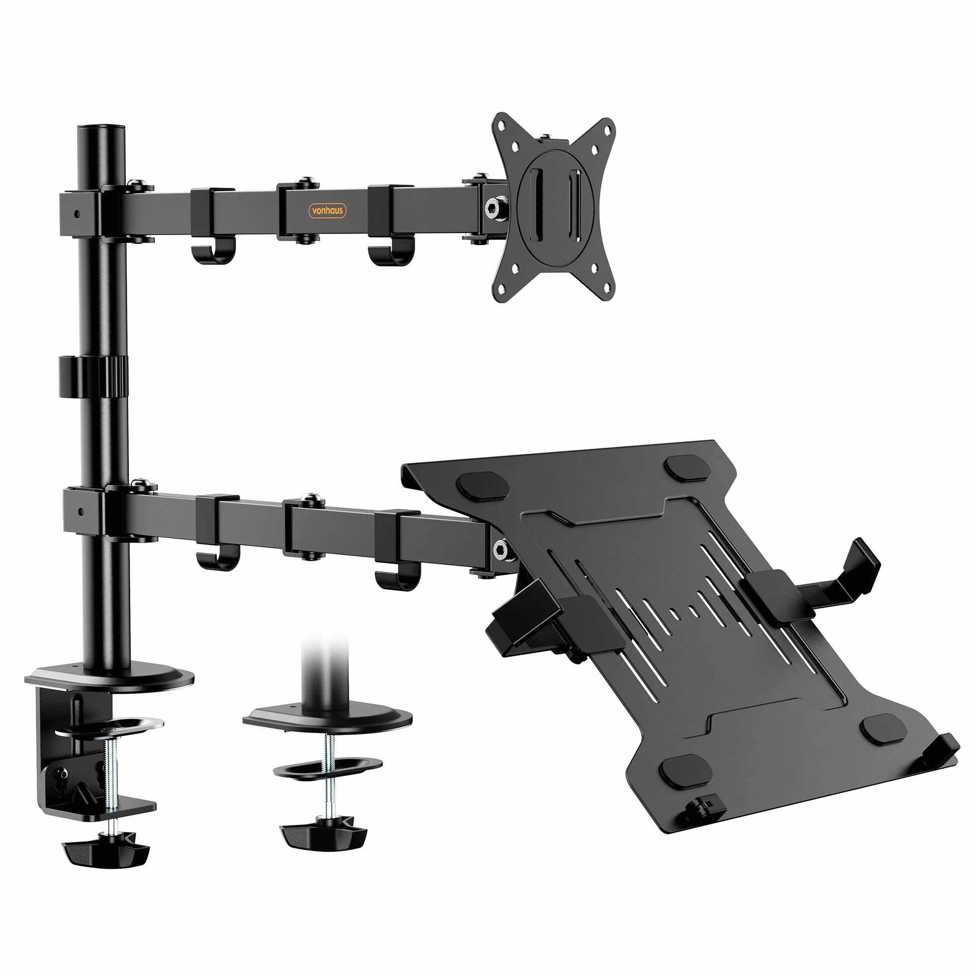 VonHaus Supporto per Monitor e Mensola per Portatile/Tablet - Morsetto per Supporto Doppio - Inclinazione e Rotazione - Gestione dei Cavi