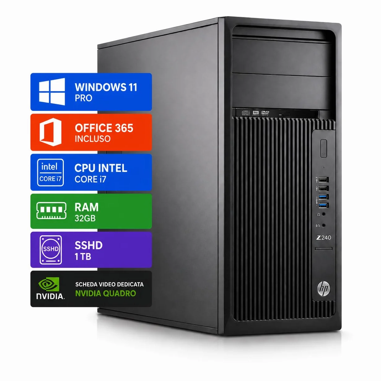 HP Workstation Z240 PC RICONDIZIONATO, Core i7-6700K, 32GB RAM, 1TB SSD+HDD, NVIDIA Quadro K1200 4GB, Win 11 Pro + Office 365