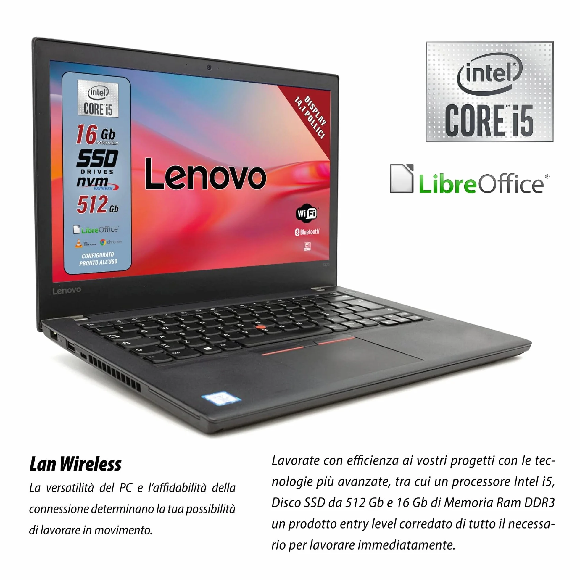 Lenovo Notebook Intel Core i5 14" HD Display 16GB RAM 512GB SSD Ricondizionato Garanzia Italiana