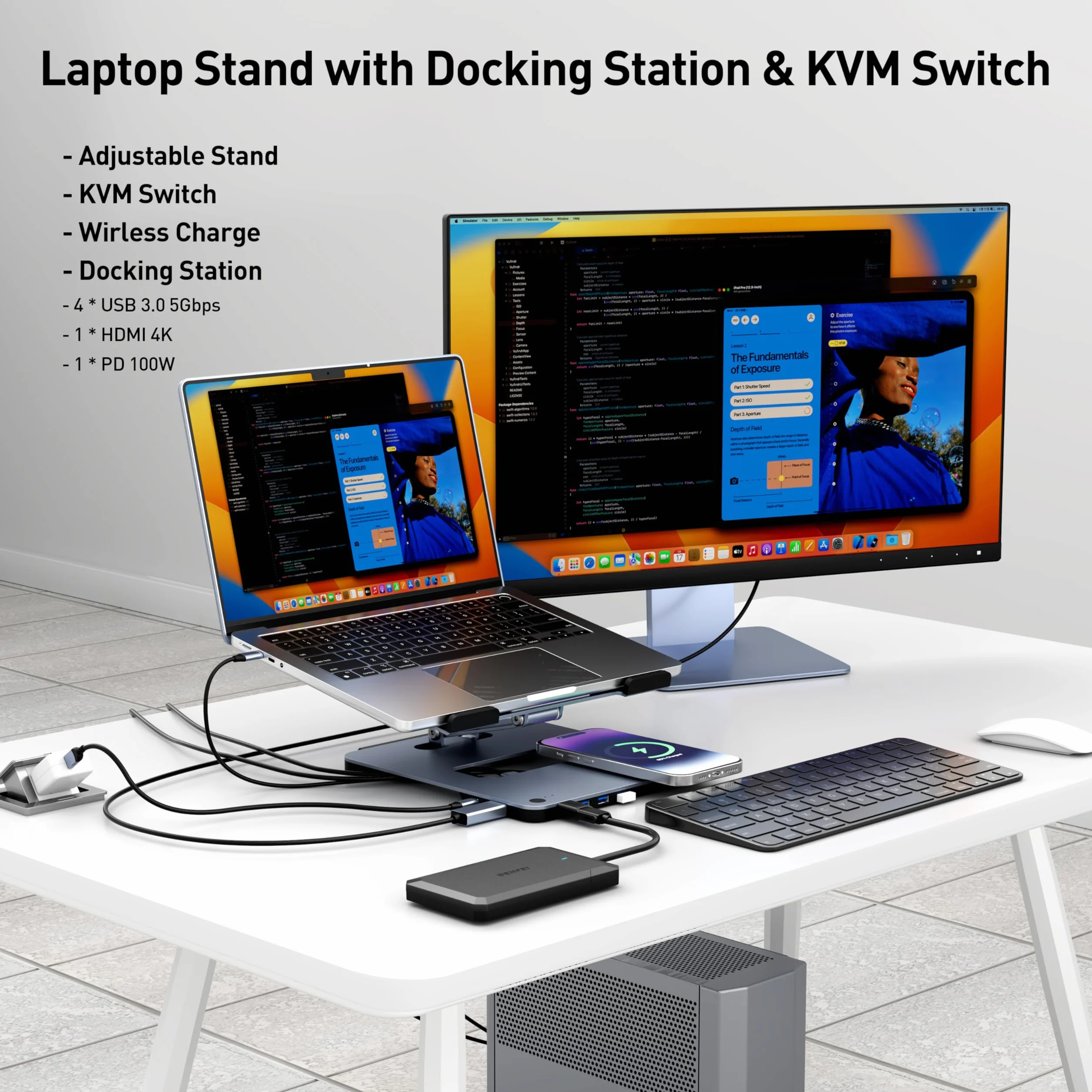 BENFEI Supporto per laptop con docking station USB C 6in1, caricatore wireless magnetico da 15 W, interruttore KVM USB 3.0, HDMI 4K@60Hz, 4*USB3.0, 100 PD W Compatibile con MacBook Pro/Air, iPad Pro