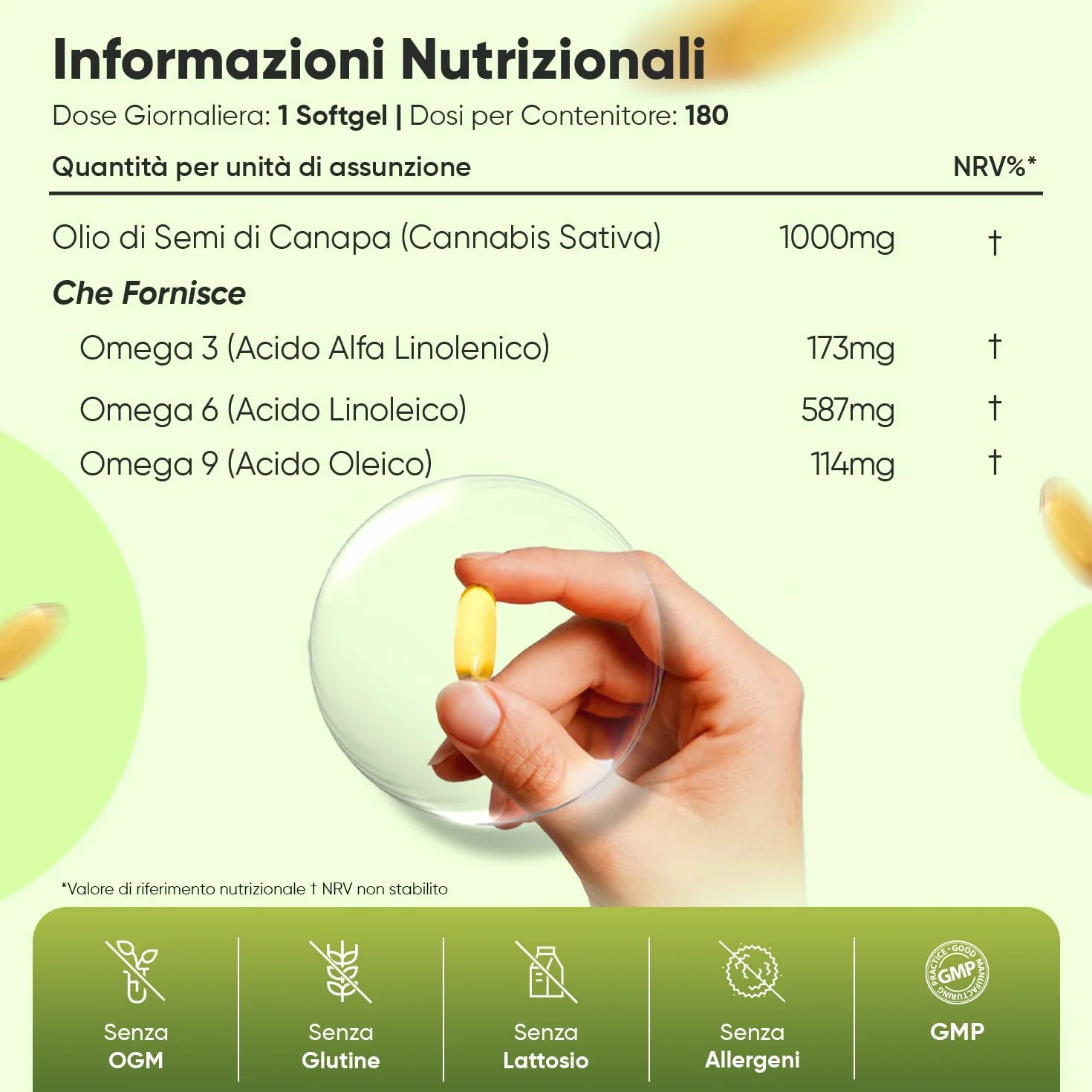 Olio di Canapa 1000mg per Softgel, 180 Softgel Vegane, Omega 3 6 9, ALA, Spremuto a Freddo