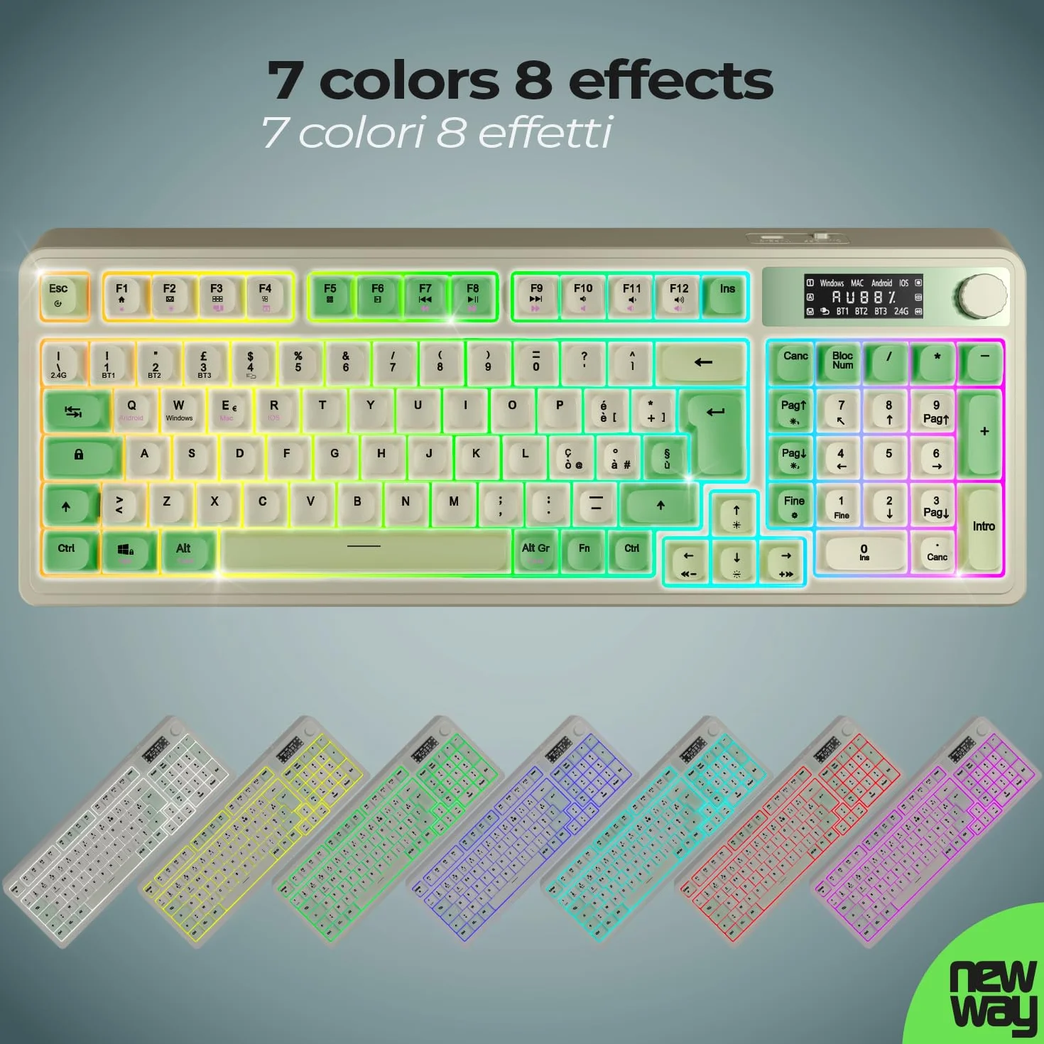 Tastiera Senza Fili Ricaricabile NEWWAY NK251 Layout Italiano QWERTY Tripla Modalità WiFi 2.4 GHz Bluetooth USB-C Display LCD Rotella Multifunzione Retroilluminazione RGB