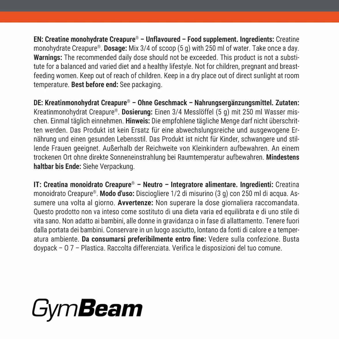 GymBeam Creatina Monoidrato Micronizzata Creapure 250 g Unflavored