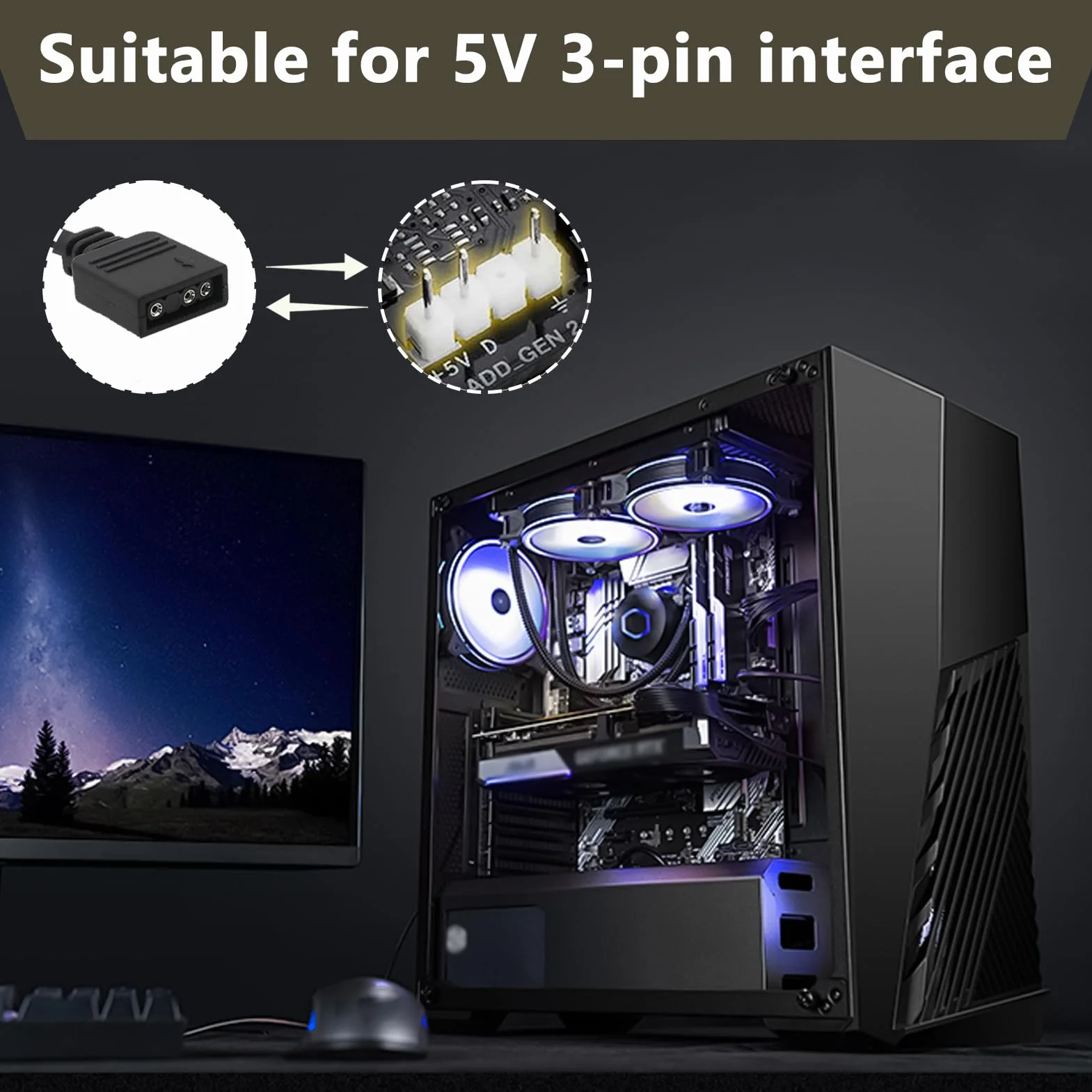 2 Pezzi Splitter ARGB 5V 3Pin 1 a 4, Cavo Connettore per Strisce LED RGB e Ventole, 30 cm con Connettori Maschi Indirizzabili, Estendi e Collega Dispositivi ARGB a Scheda Madre con Intestazione 3 Pin