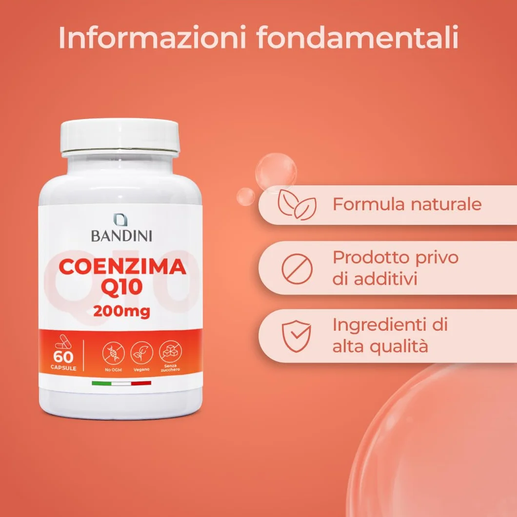 Bandini Coenzima Q10 200mg 60 Capsule Vegane Ubiquinone Puro Coq10 Fermentato Naturalmente Alto Dosaggio Alta Biodisponibilità