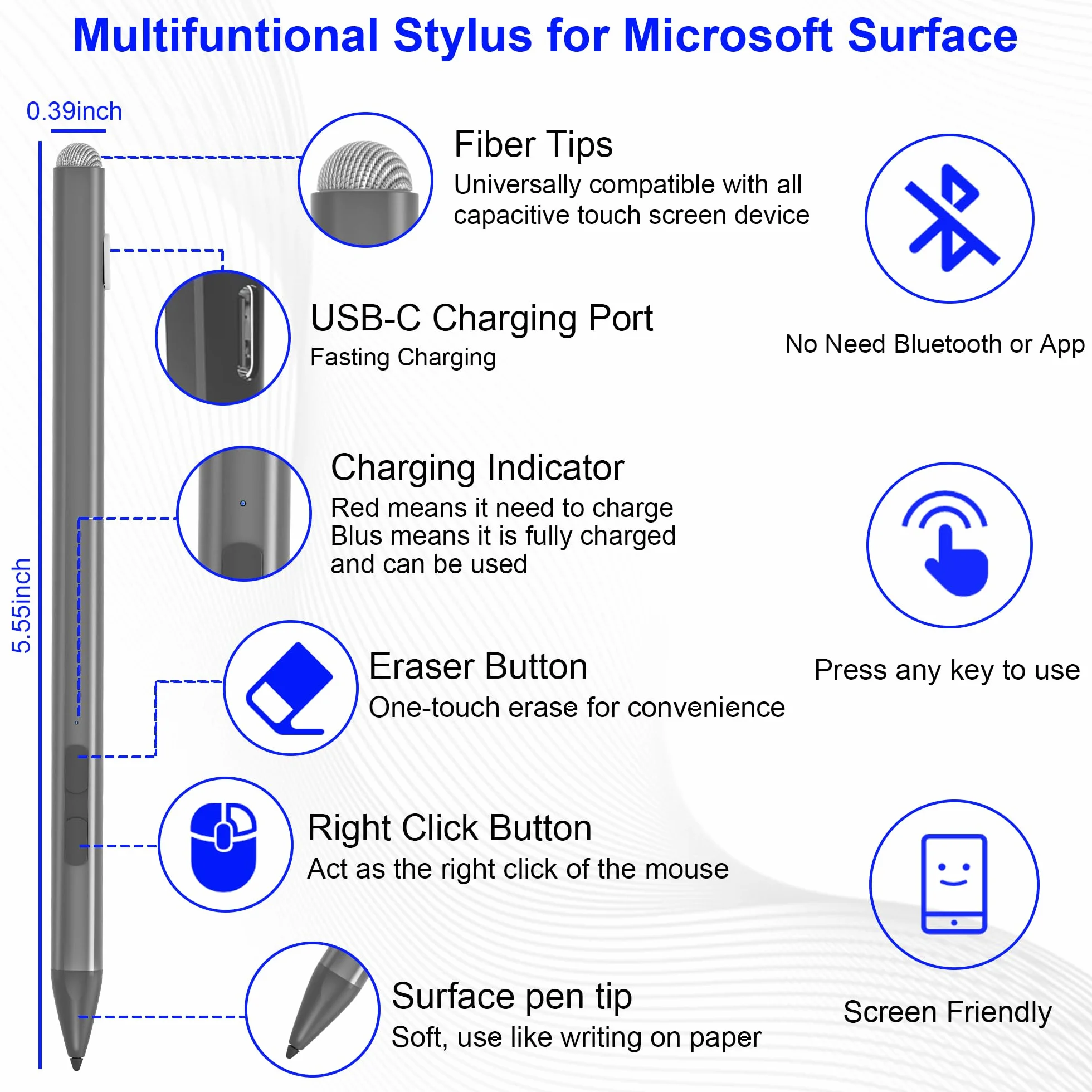 Penna Surface per Surface Pro 12/11/9/10/8/X/7/6/5/4/3, matita Surface Pro con punta di precisione, sensibilità all'inclinazione, stilo Surface Pro per Surface Go 3/Go 2/Book/Laptop 5 (grigio)