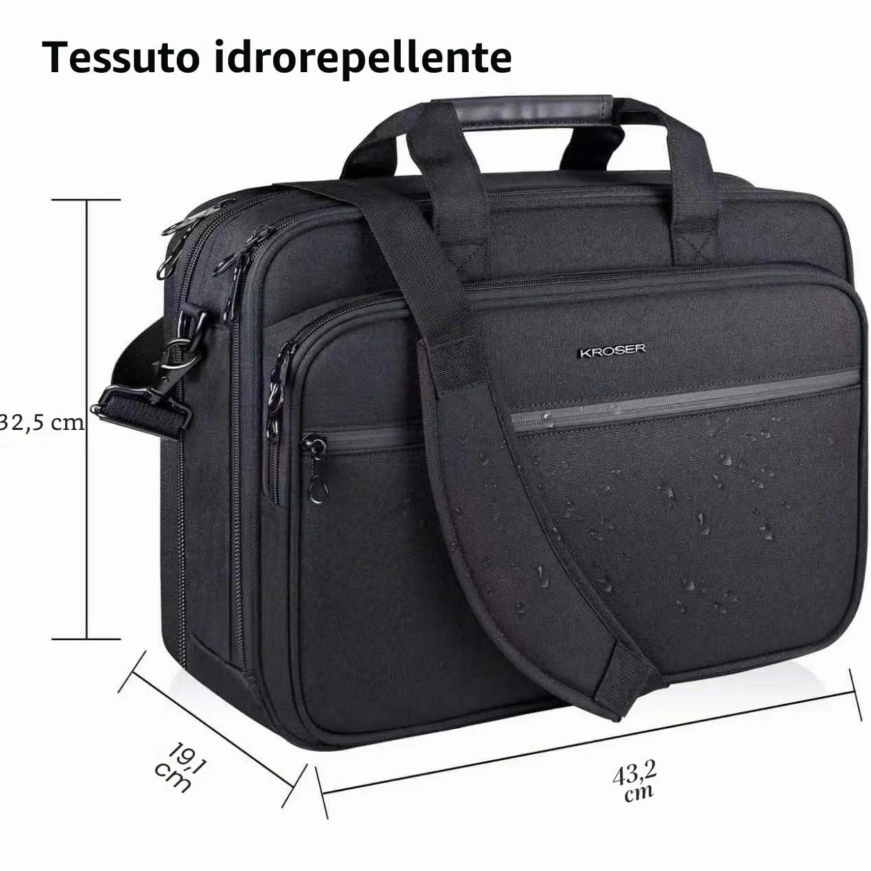 KROSER 18" Borsa del Portatile Cartella per Laptop Adatto per Laptop fino a 17,3 Pollici Borsa a Tracolla Espandibile Borsa per Computer con Tasche RFID per Viaggi/Affari/Scuola/Uomini/Donne-Nero
