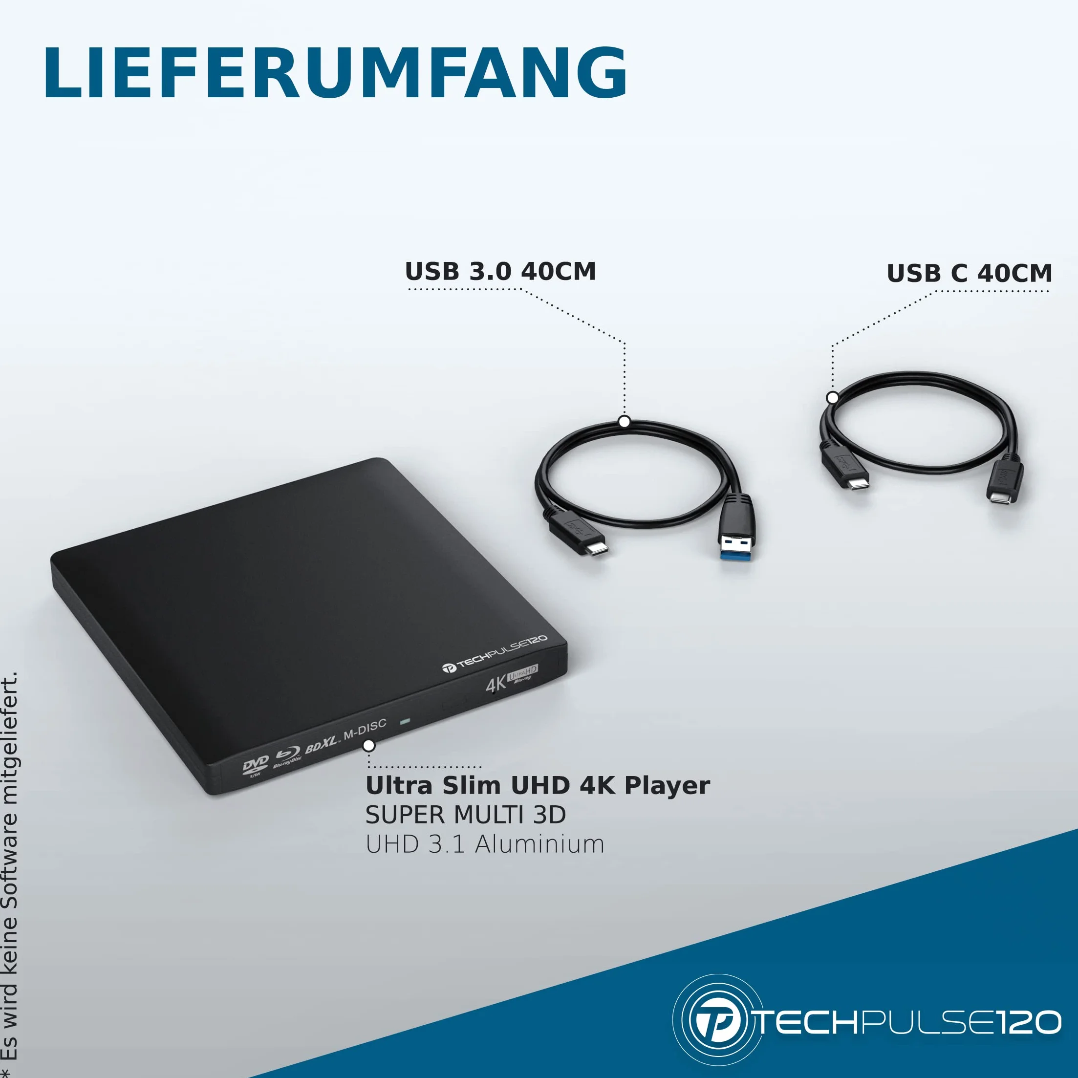 techPulse120 Esterno UHD USB 3.1 4K-Ultra HD Masterizzatore Lettore Blu-ray Blue BD Player BDXL Burner per PC USB-C M-Disc lettori BluRay 4K USB UltraHD nativo Alu Nero