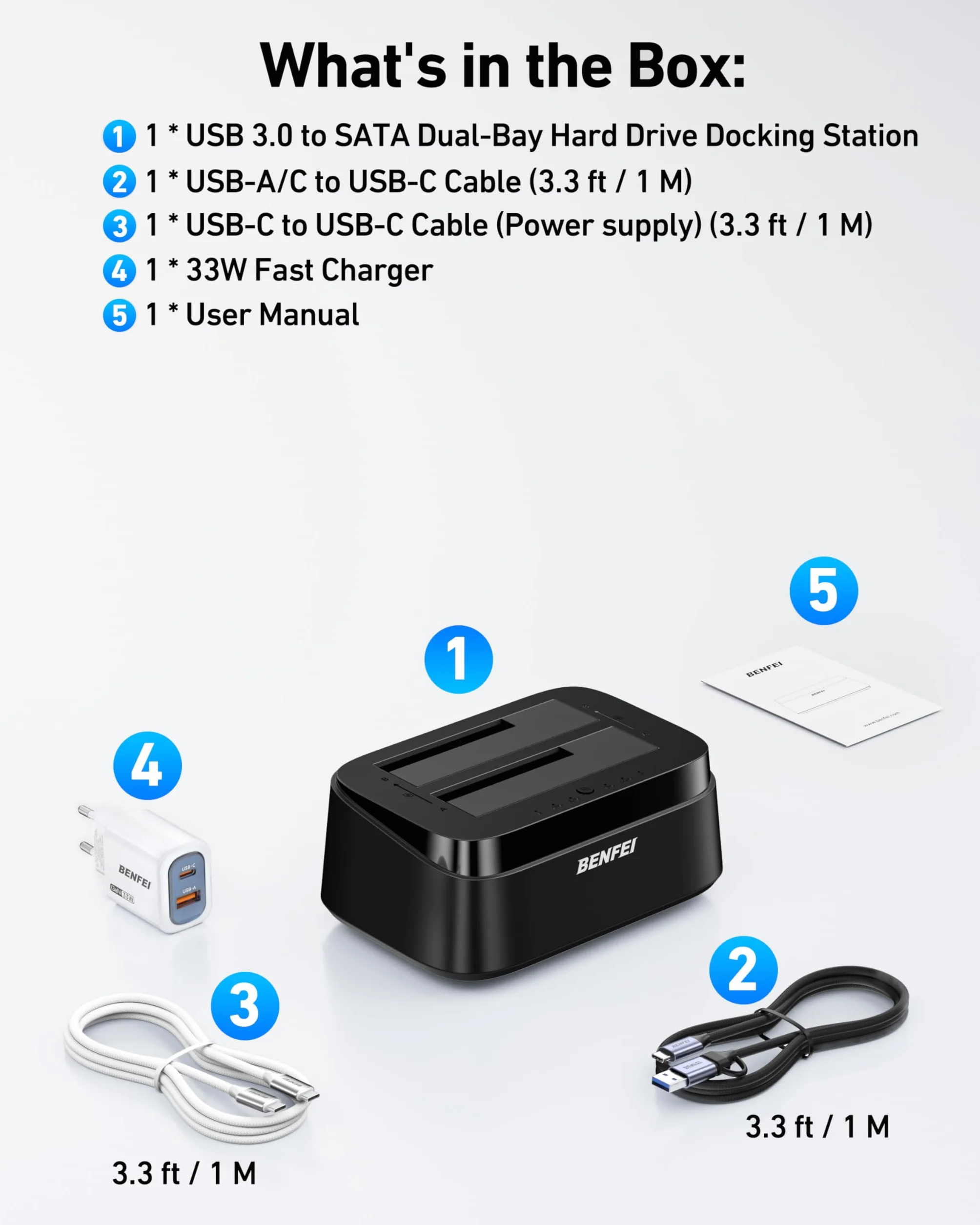 BENFEI Docking station per dischi rigidi con clonazione offline UASP, dock a doppio alloggiamento USB-C per HDD e SSD da 2,5/3,5", 5 Gbps