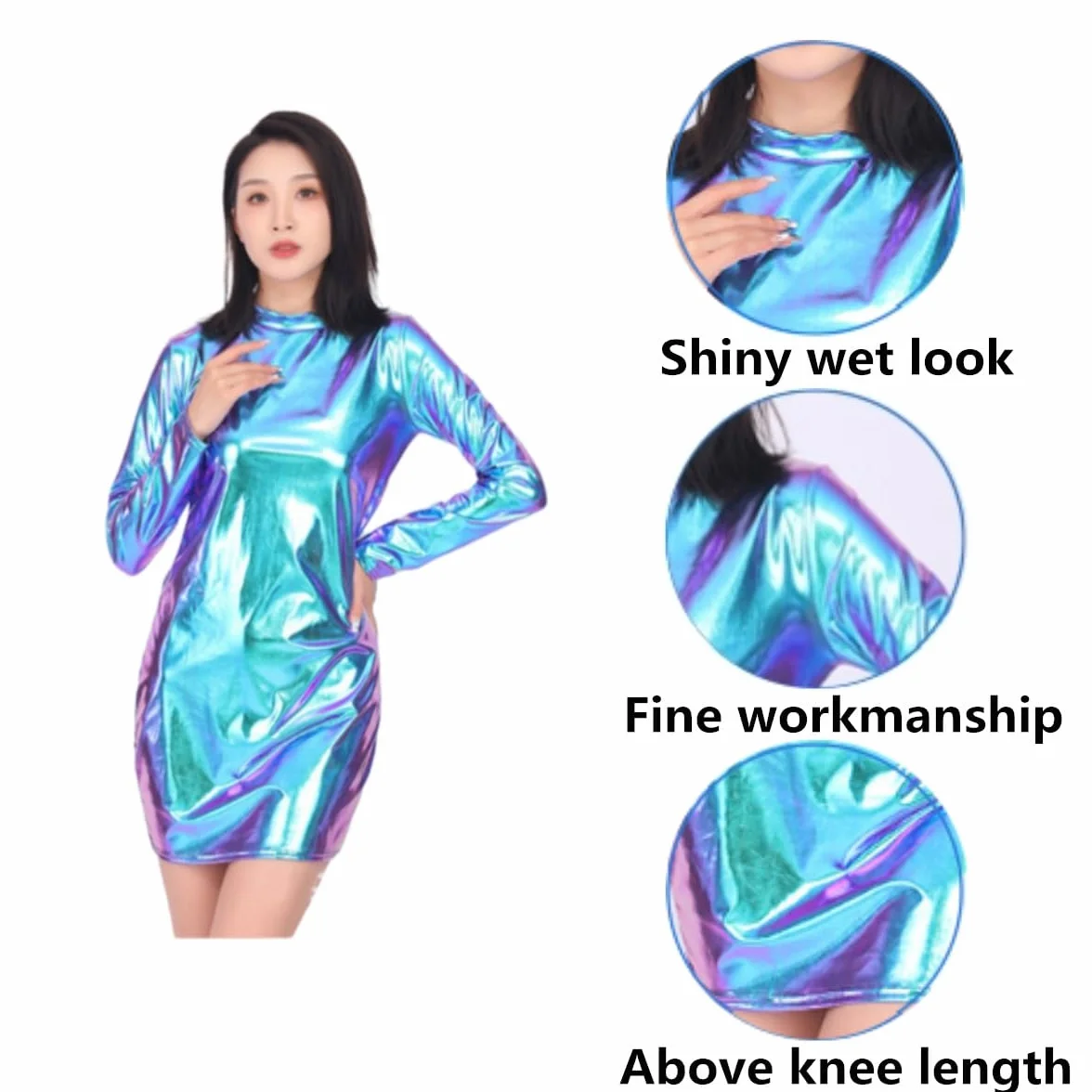 Abito da donna lucido a maniche lunghe, mini abito aderente in pelle elasticizzata sexy effetto bagnato per spettacoli feste notturne