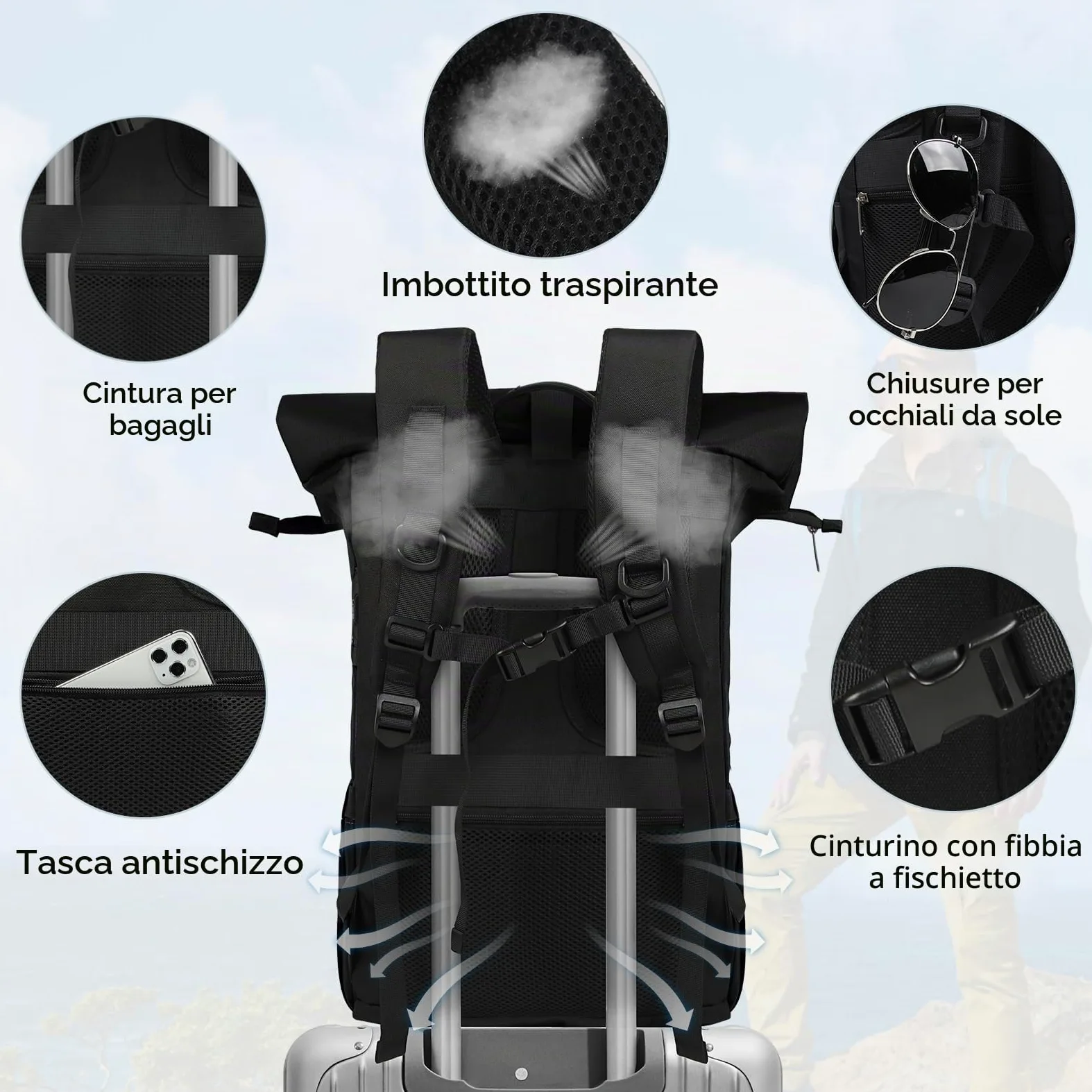RAINSMORE Zaino Uomo Donna Porta PC 17 Pollici Impermeabile Zaino Viaggio | Zaino Trekking con Foro USB per Lavoro Alpinismo Trekking Campeggio Nero