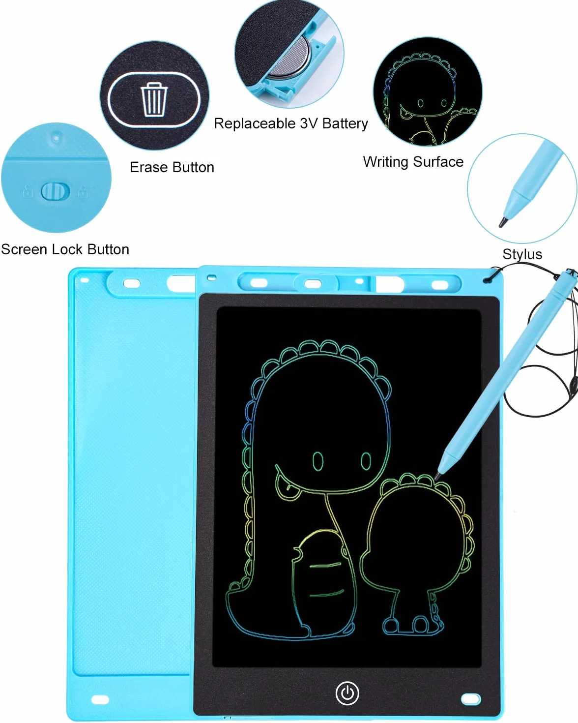 Tavoletta Grafica Bambini LCD 12 Pollici Display Colorato Cancellabile con Pulsante Elimina e Blocco