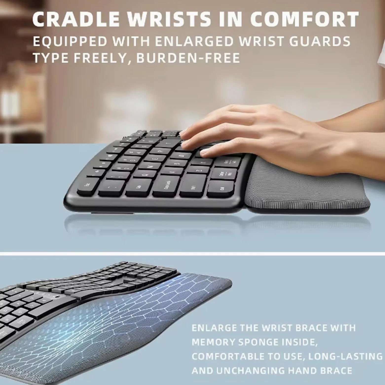Tastiera Ergonomica Wireless, Design Diviso con Poggiapolsi Imbottito in Pelle PU, connettività Bluetooth, Angolo di Inclinazione Regolabile, per Computer Portatile PC