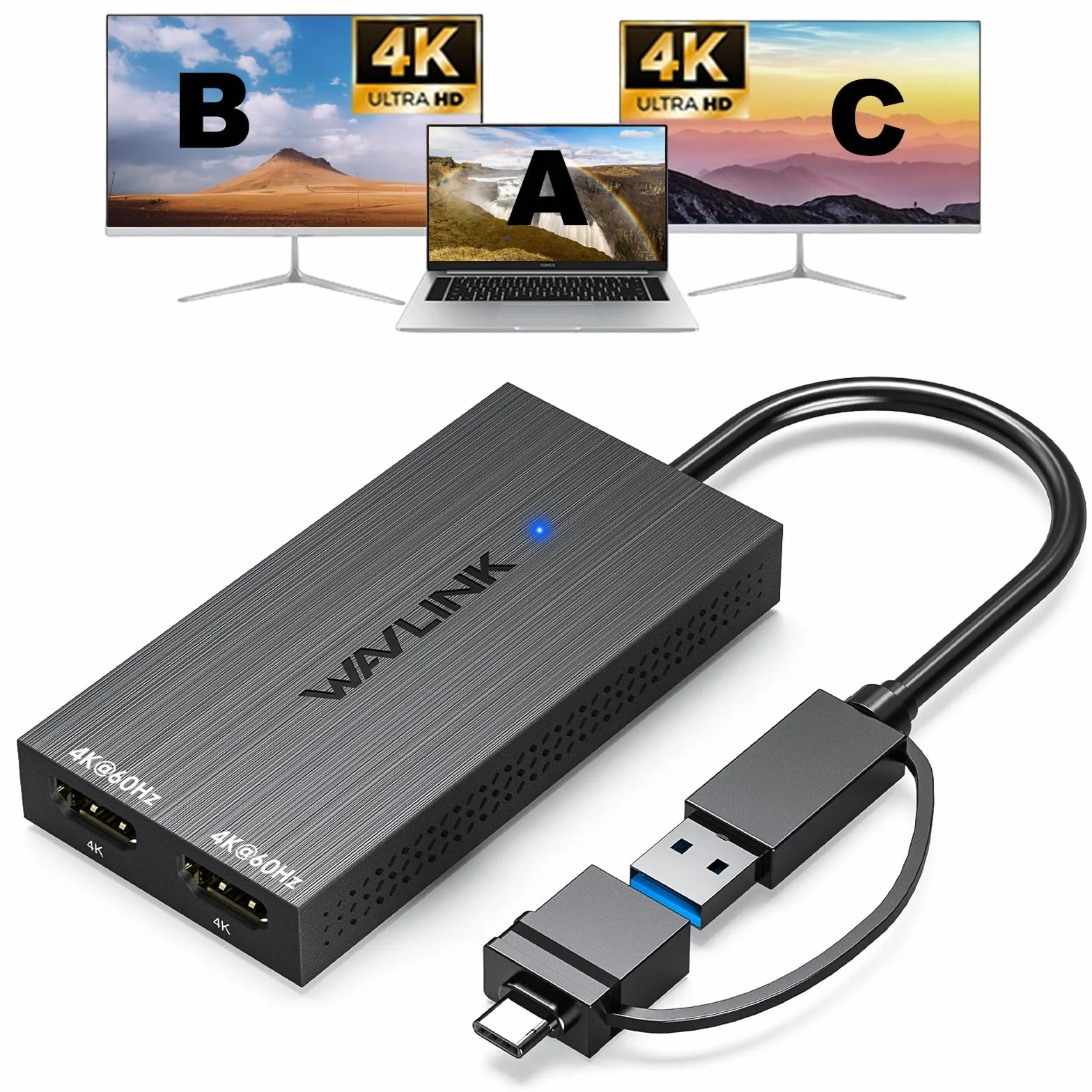 WAVLINK Adattatore USB 3.0/C Displaylink Dual HDMI 4K 60Hz per doppio monitor, uscita USB-A/C a HDMI 4K per Mac M1/M2/M3 o Windows 10/11, Compatibile con il nuovo MacBook Neo