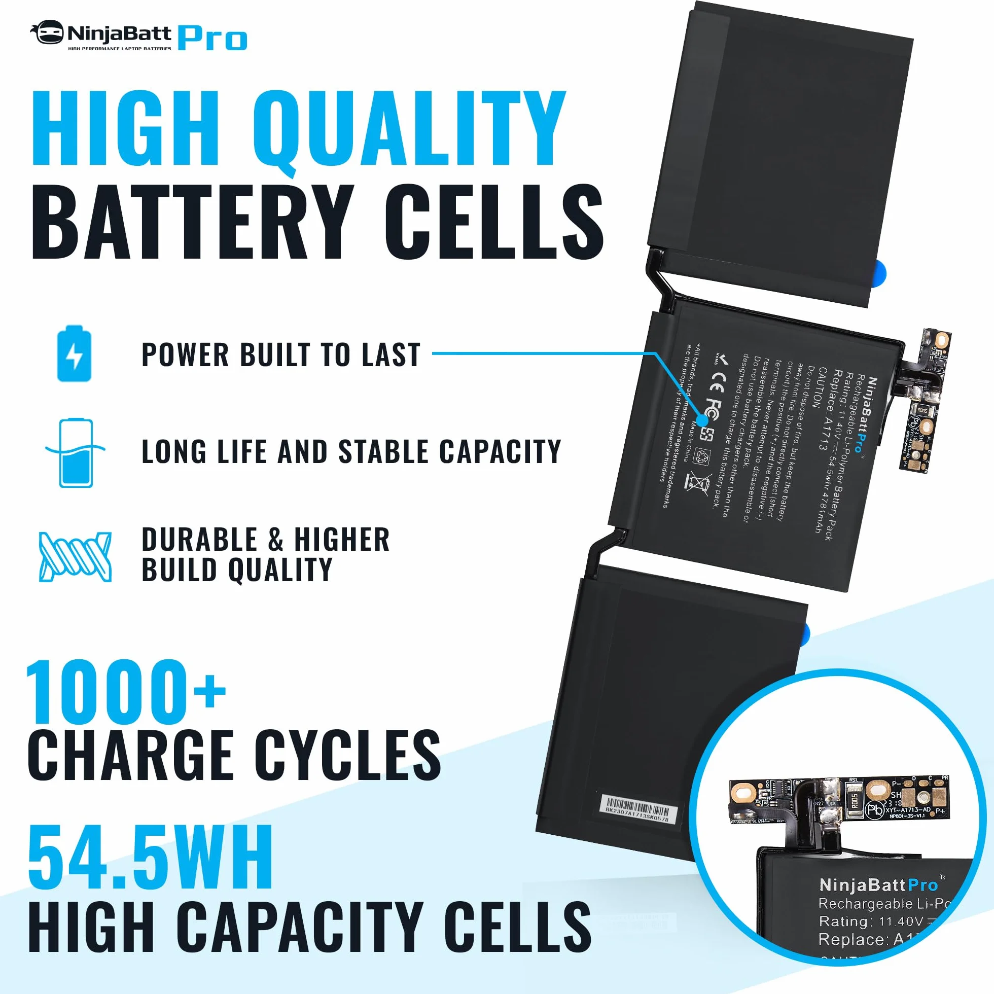 NinjaBatt Batteria A1713 A1708 per MacBook Pro 13" - A1708 (Fine 2016, Metà 2017) A2159 (2019) A2289 (Metà 2020) A2338 (M1 Fine 2020) - Prestazioni Durevoli [5000mAh/58.19Wh/11.41V]