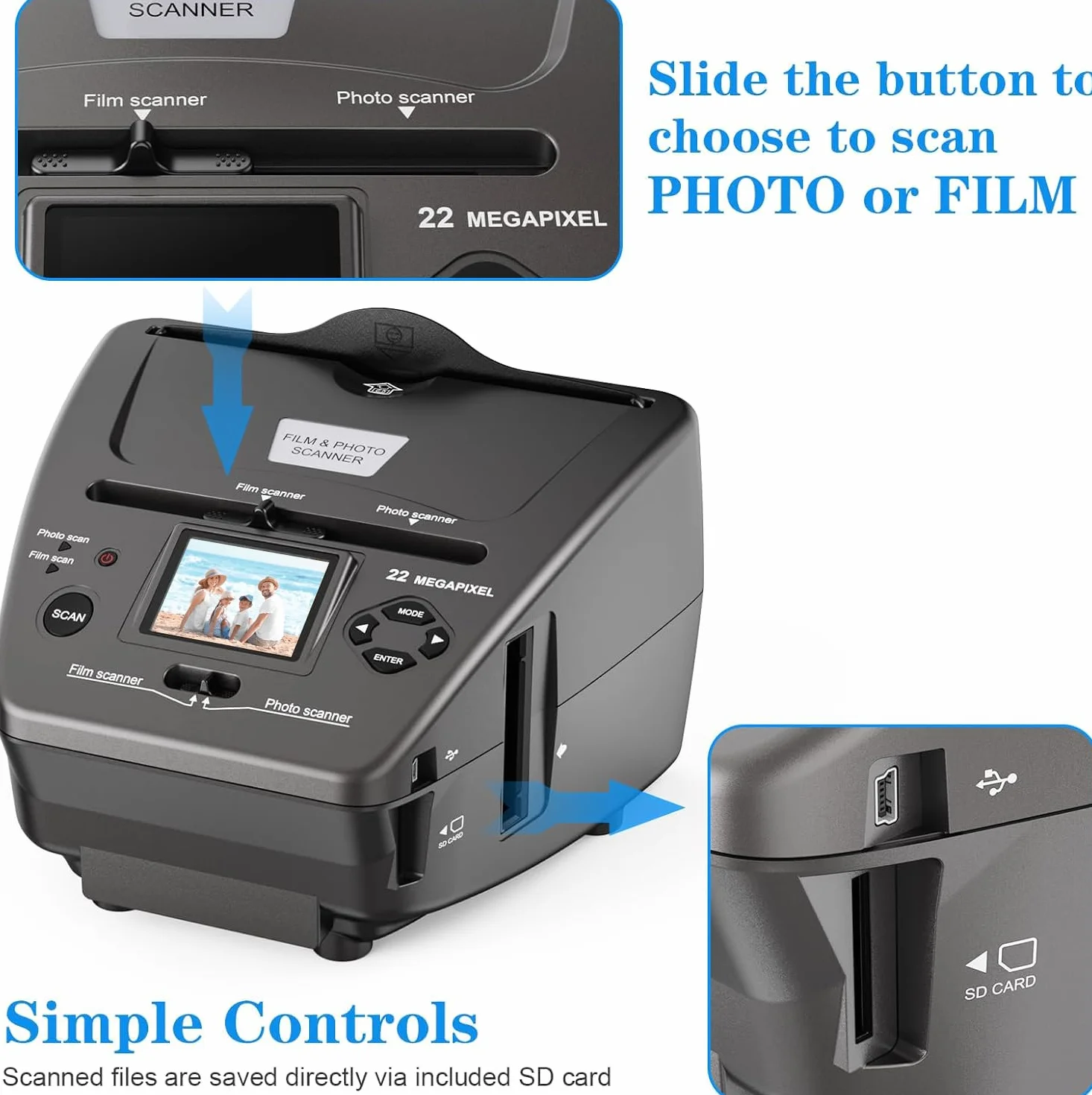 Scanner per foto LCD da 22 MP, 2,4", scanner per diapositive e negativi, converte negativi da 35 mm/135 mm, diapositive e biglietti da visita in formato JPEG digitale, USB, scheda SD da 4 GB