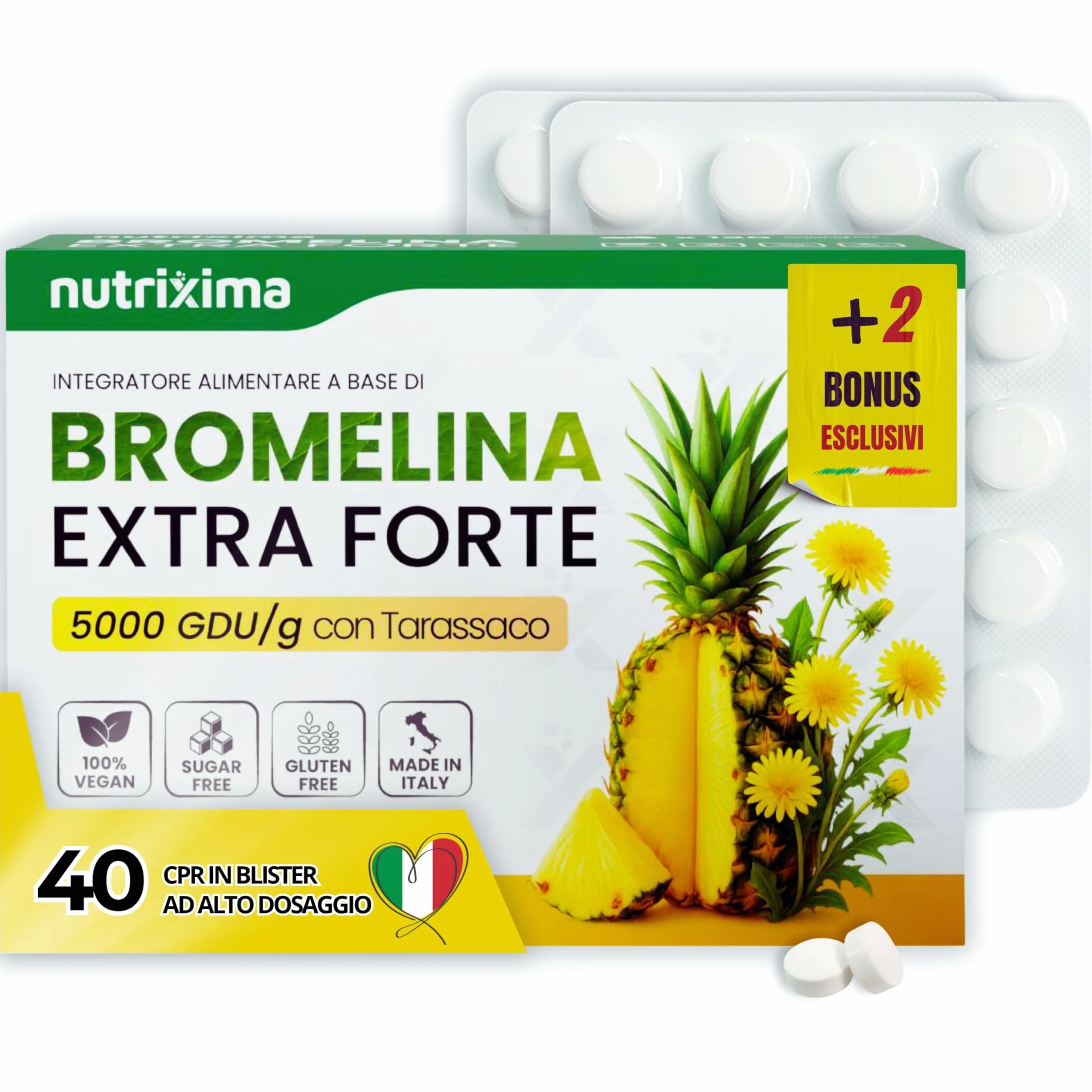 Bromelina Forte Drenante 2500+5000 GDU 40cpr con Tarassaco Made in Italy NUTRIXIMA®