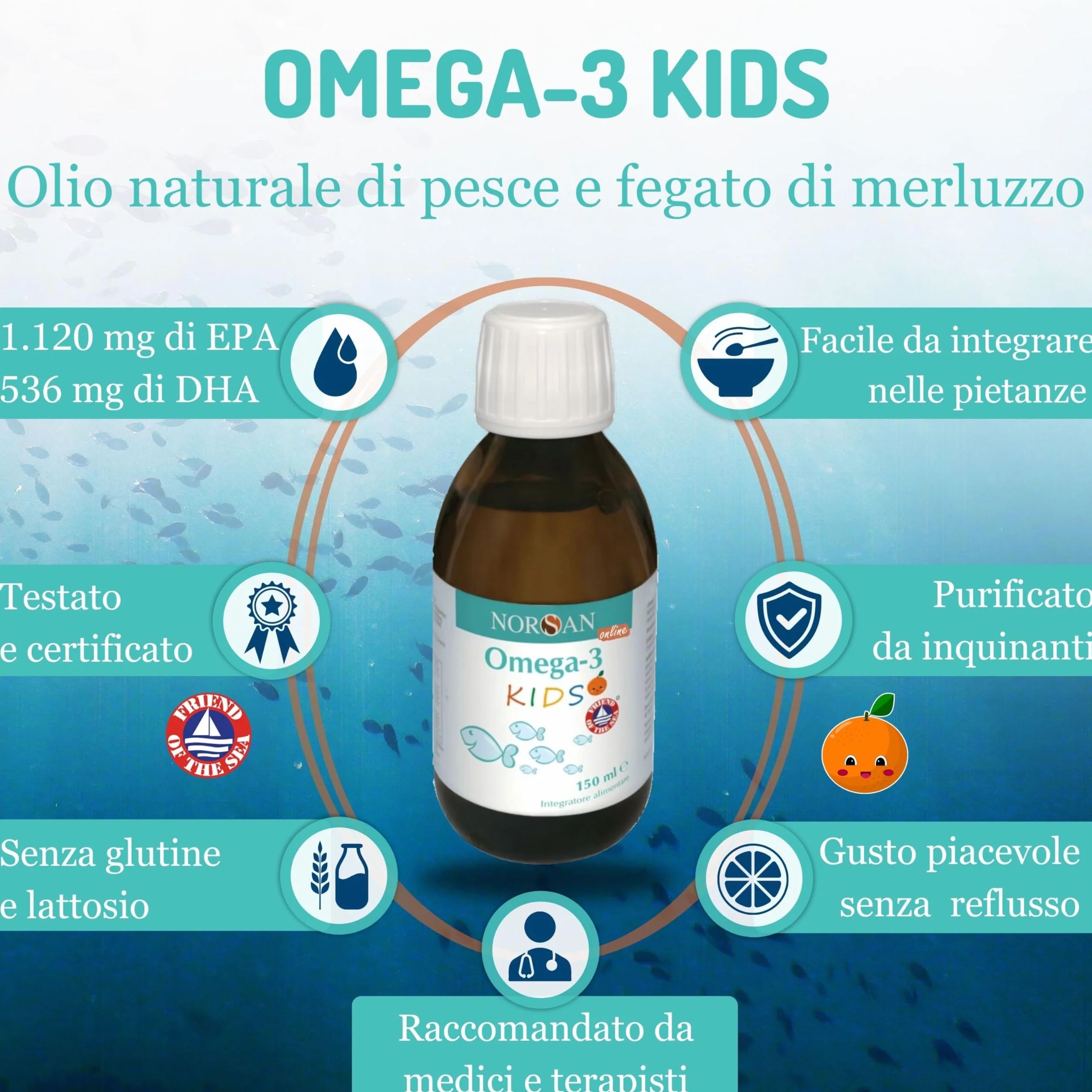 NORSAN Omega 3 FISK 150 ml – integratore bambini olio di pesce fegato merluzzo EPA DHA 1.120 mg