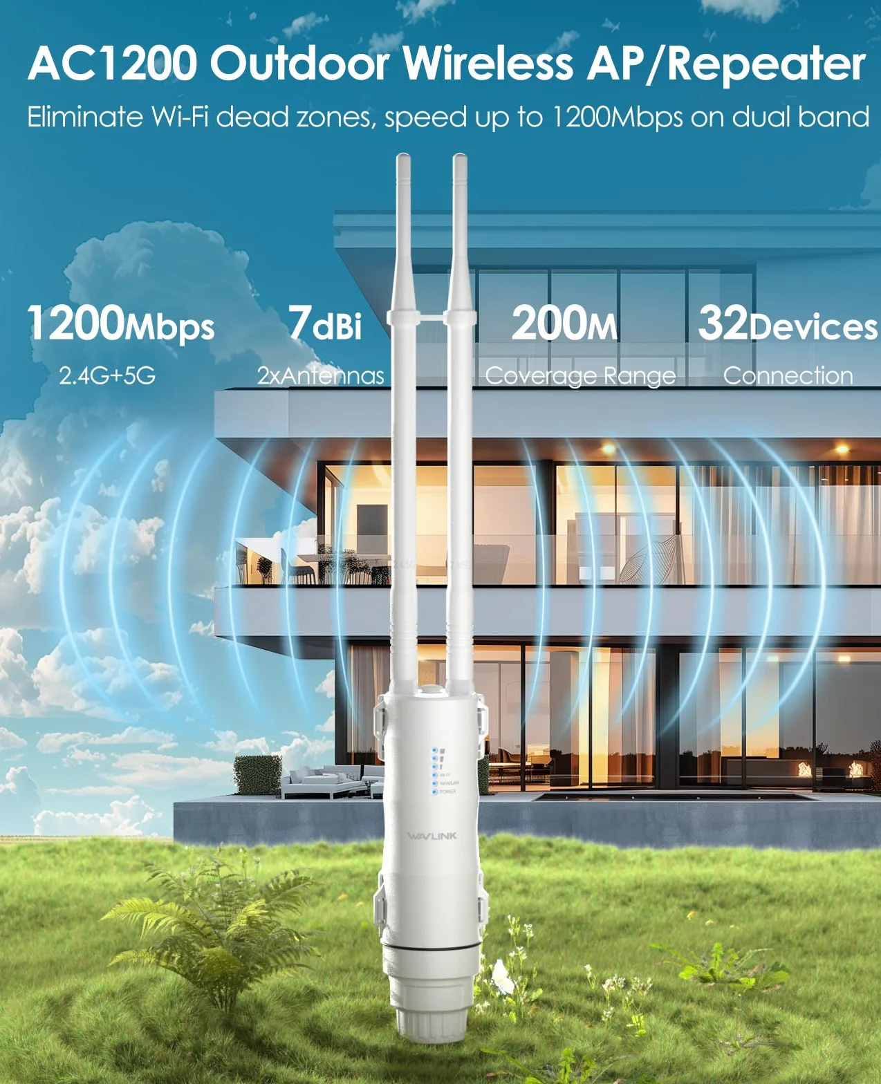 WAVLINK AC1200 Ripetitore WiFi Esterno Lunga Portata PoE - Amplificatore Segnale Dual Band IP67 Impermeabile, Punto di Accesso Outdoor con Antenne Potenti, Ideale per Giardino Piscina Parcheggio