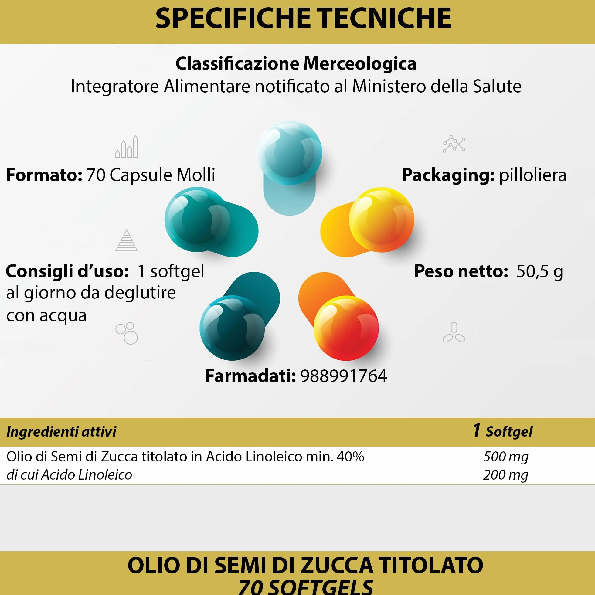 Semi di Zucca 140 Softgels Olio Spremuto a Freddo Omega 3 6 9 Acido Linoleico Oleico