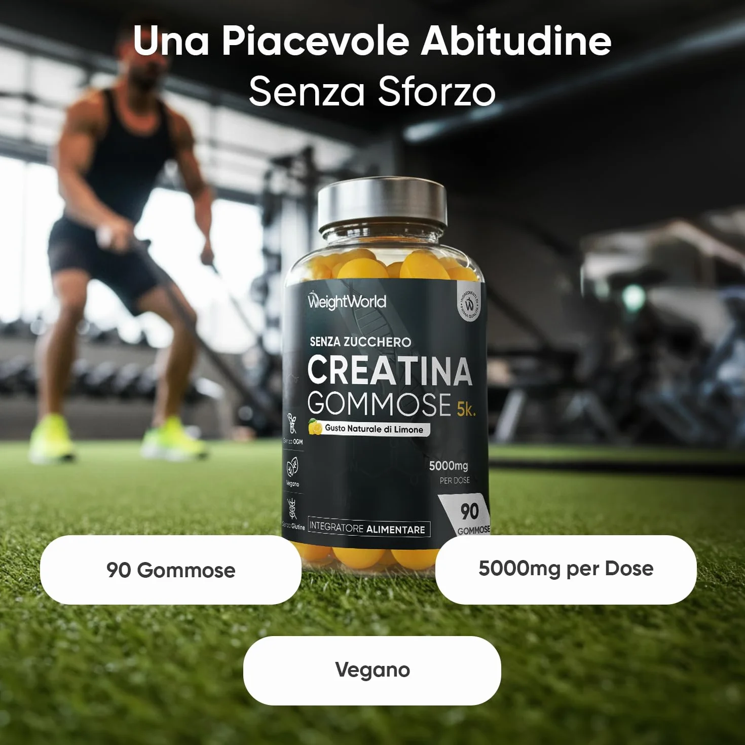 Creatina Monoidrato Gommose Vegane 5000mg per Dose Senza Zucchero Aroma Limone