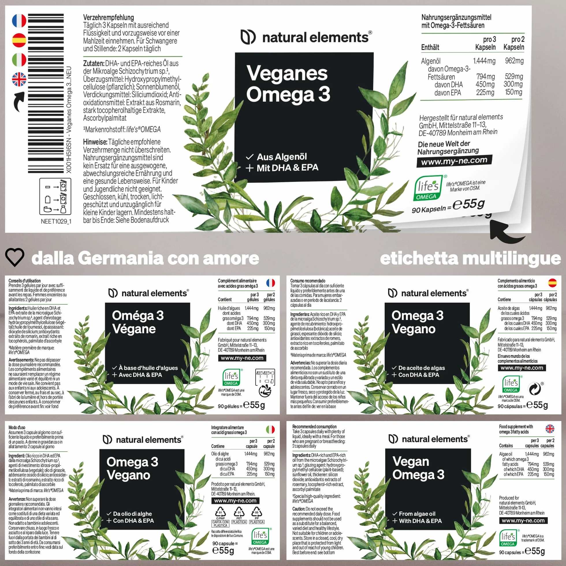 Omega 3 Vegan 1444mg Olio di Alghe EPA DHA 90 Capsule