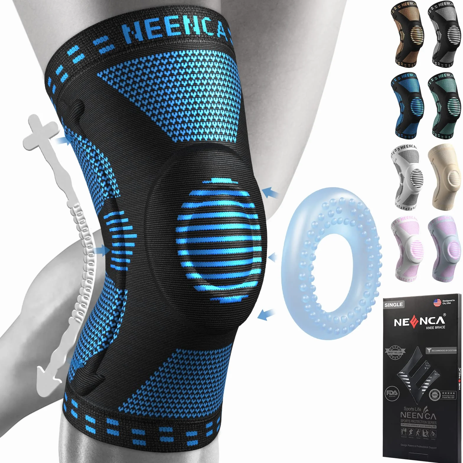 NEENCA Tutore Ginocchio Compressione con Cuscinetti Rotula e Supporto Laterale Medico