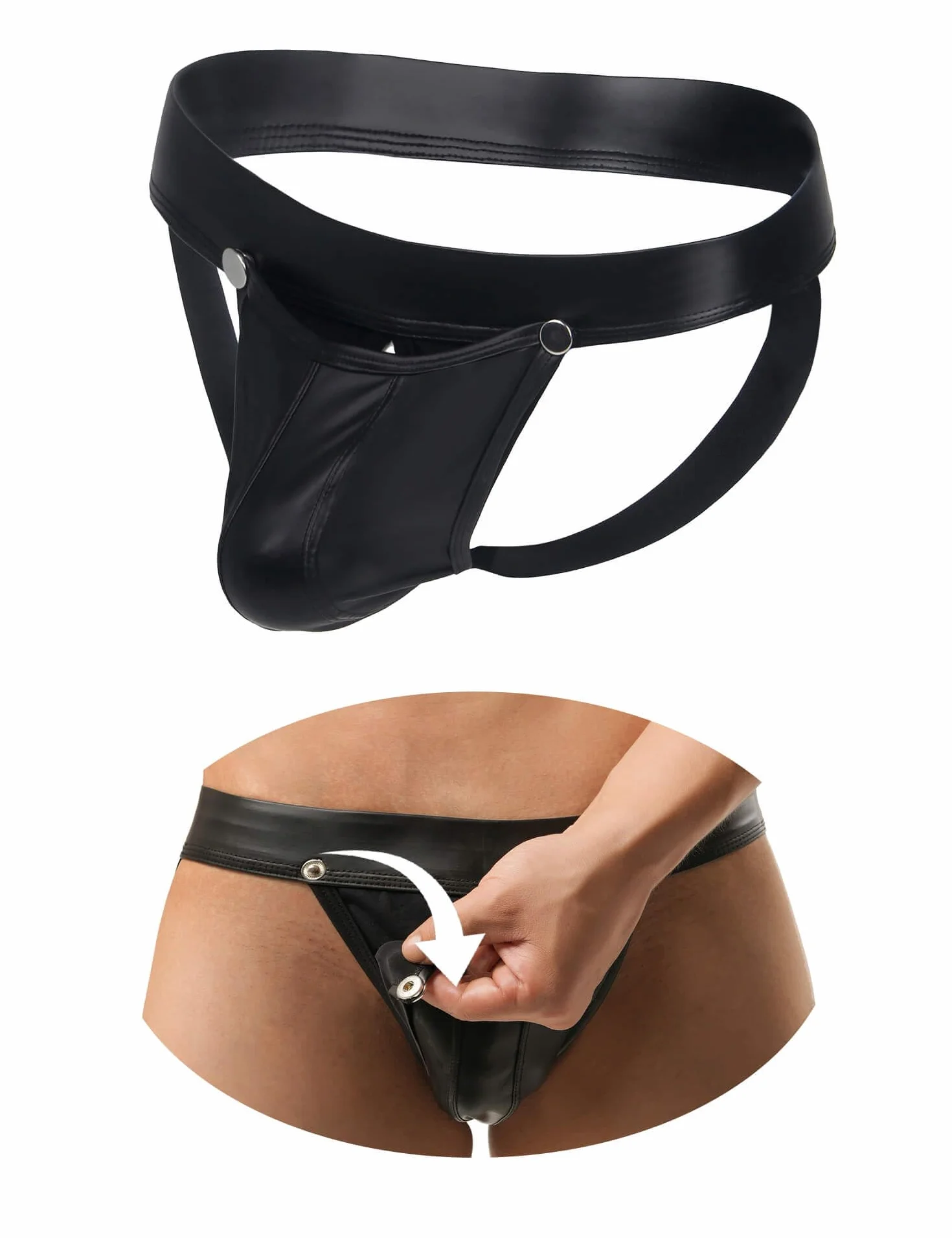 Ohyeahlady Jockstrap Uomo Aperto Davanti Pelle Nero Perizoma Taglie Forti