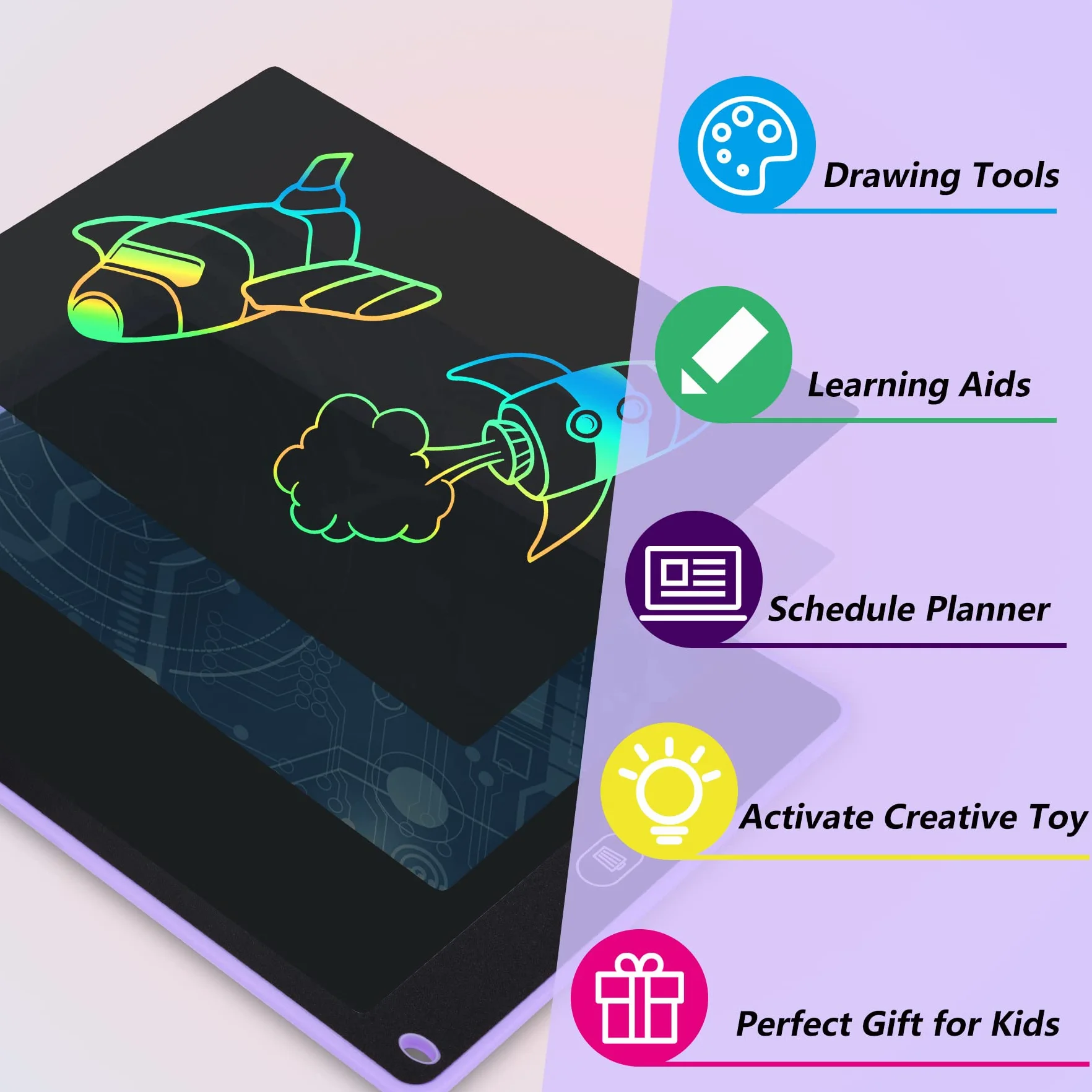 Tavoletta da Scrittura LCD 12 Pollici Colorata per Bambini, Tavolo da Disegno Cancellabile Portatile, Viola