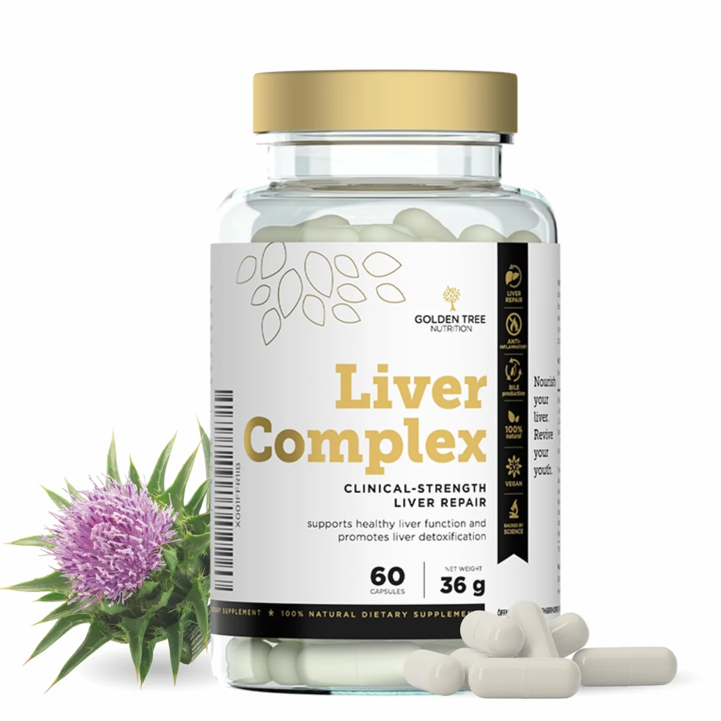 Golden Tree Liver Complex Integratore Fegato Cardo Mariano Tarassaco Carciofo Curcuma Colina Vitamine B6 B12 D3 E Pepe Nero 60 Capsule Vegane