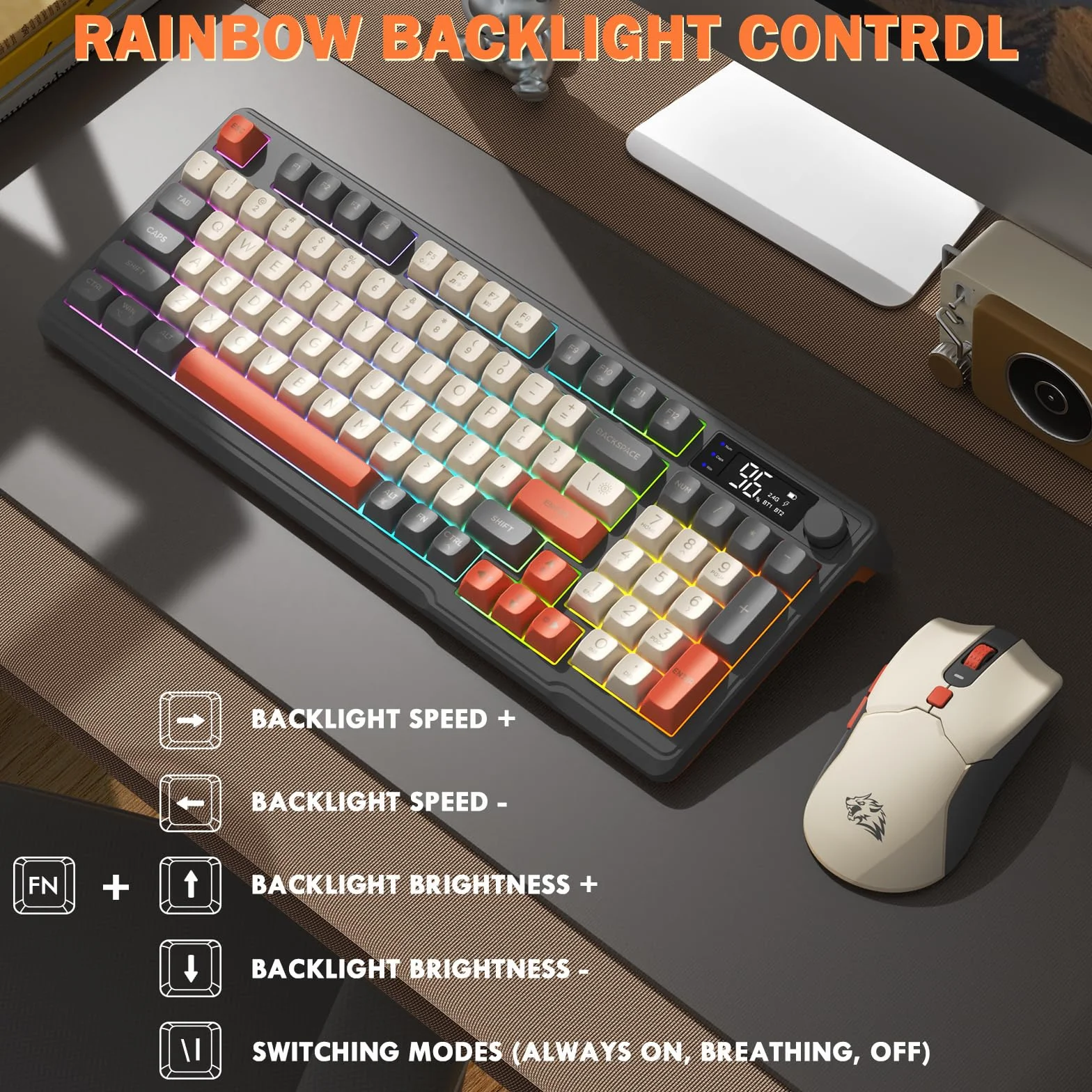 FREEWOLF T96 Tastiera e Mouse Wireless, Bluetooth & 2.4G, Tasti PBT, Manopola Multimediale, Schermo, Silenziosa, Anti-ghosting, US Layout, QWERTY, per Mac/Windows/Linux - Luccichio