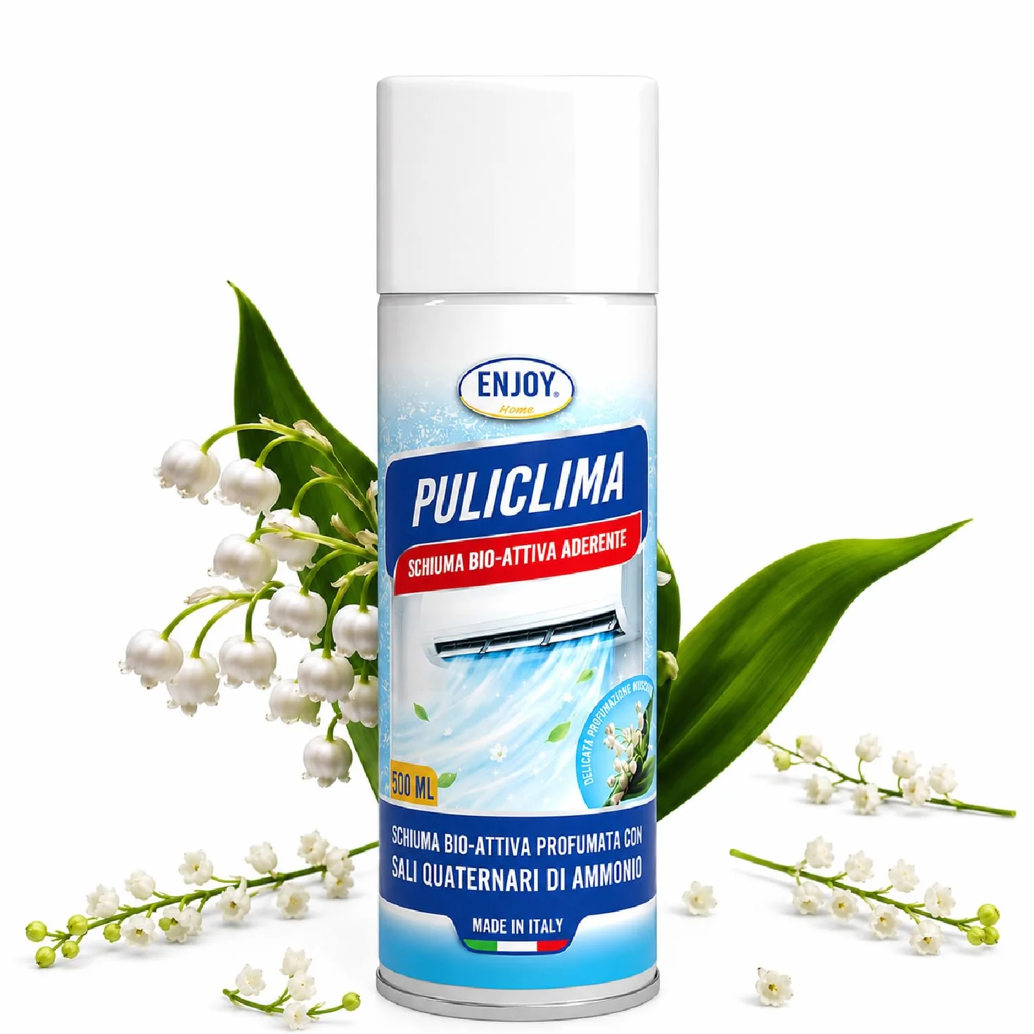 ENJOY HOME PULICLIMA Igienizzante Condizionatori Spray 500ml - Schiuma Attiva ai Sali Quaternari di Ammonio per Split e Filtri - Pulitore Professionale Antibatterico al Profumo di Mughetto