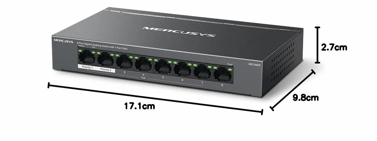 TP-Link Mercusys MS108GP PoE+ Switch 8 Porte Gigabit con 7 PoE+, 30W per Porta PoE, 65W su Tutte le Porte, 802.3af/at, Cassa in Metallo, Durevole e Silenzioso, Sdoppiatore Ethernet, Plug&Play