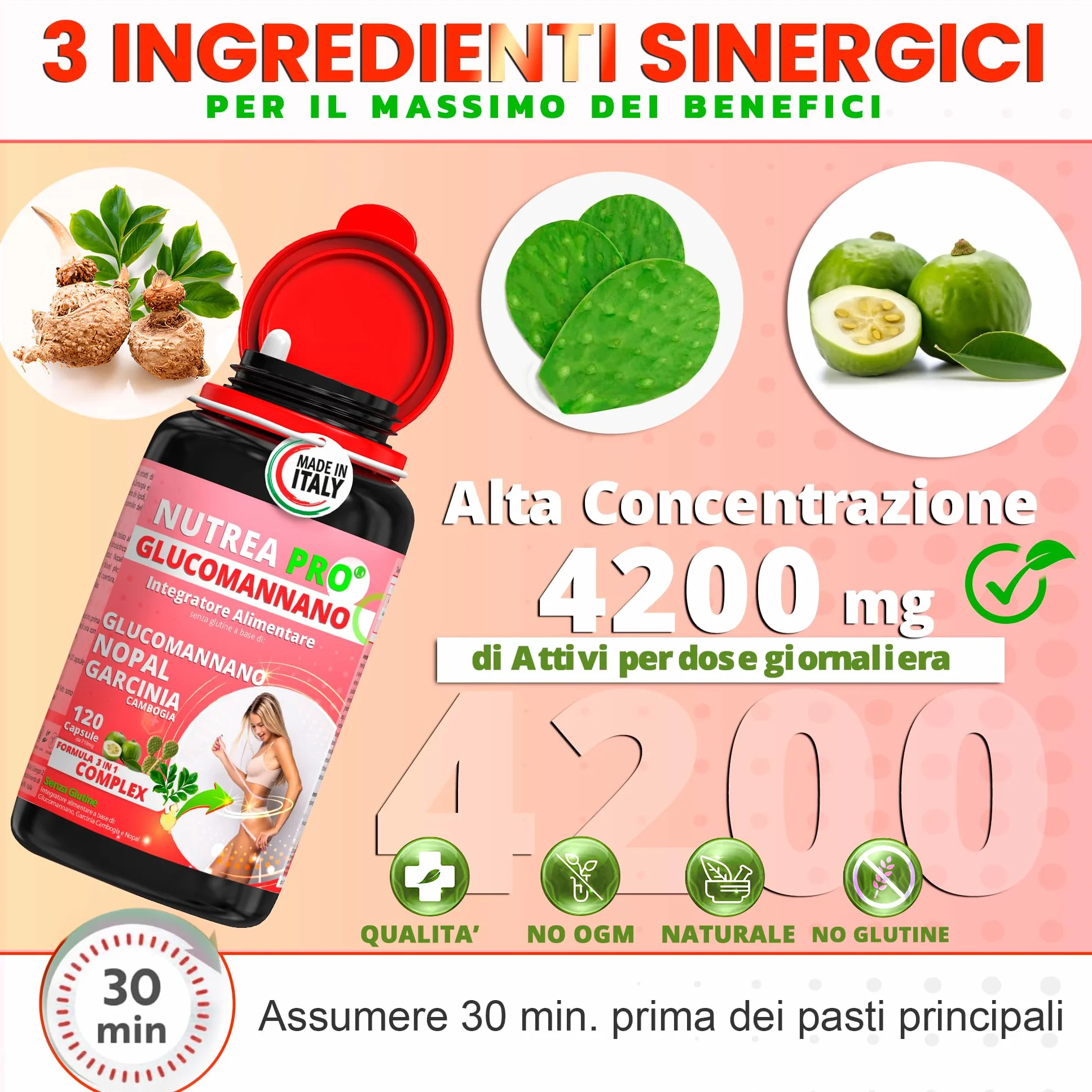 Glucomannano Forte 4200mg Integratore Fibre Naturali 120 Capsule Made in Italy NUTREAPRO®