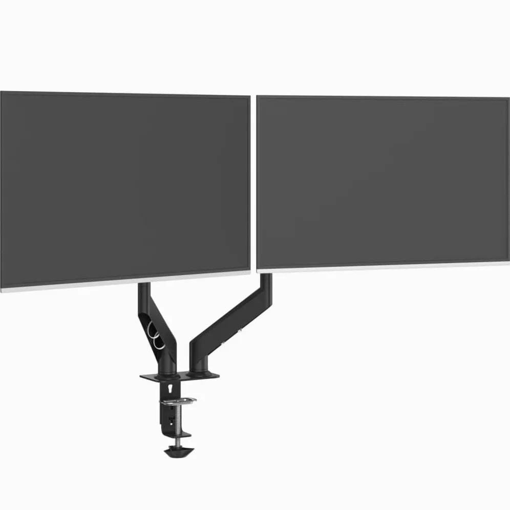 Doppio braccio monitor per max 27 pollici molla a gas 20 kg | VESA 75 x 75, 100 x 100, acciaio, morsetto a C, passacavi, rotazione a 360 gradi