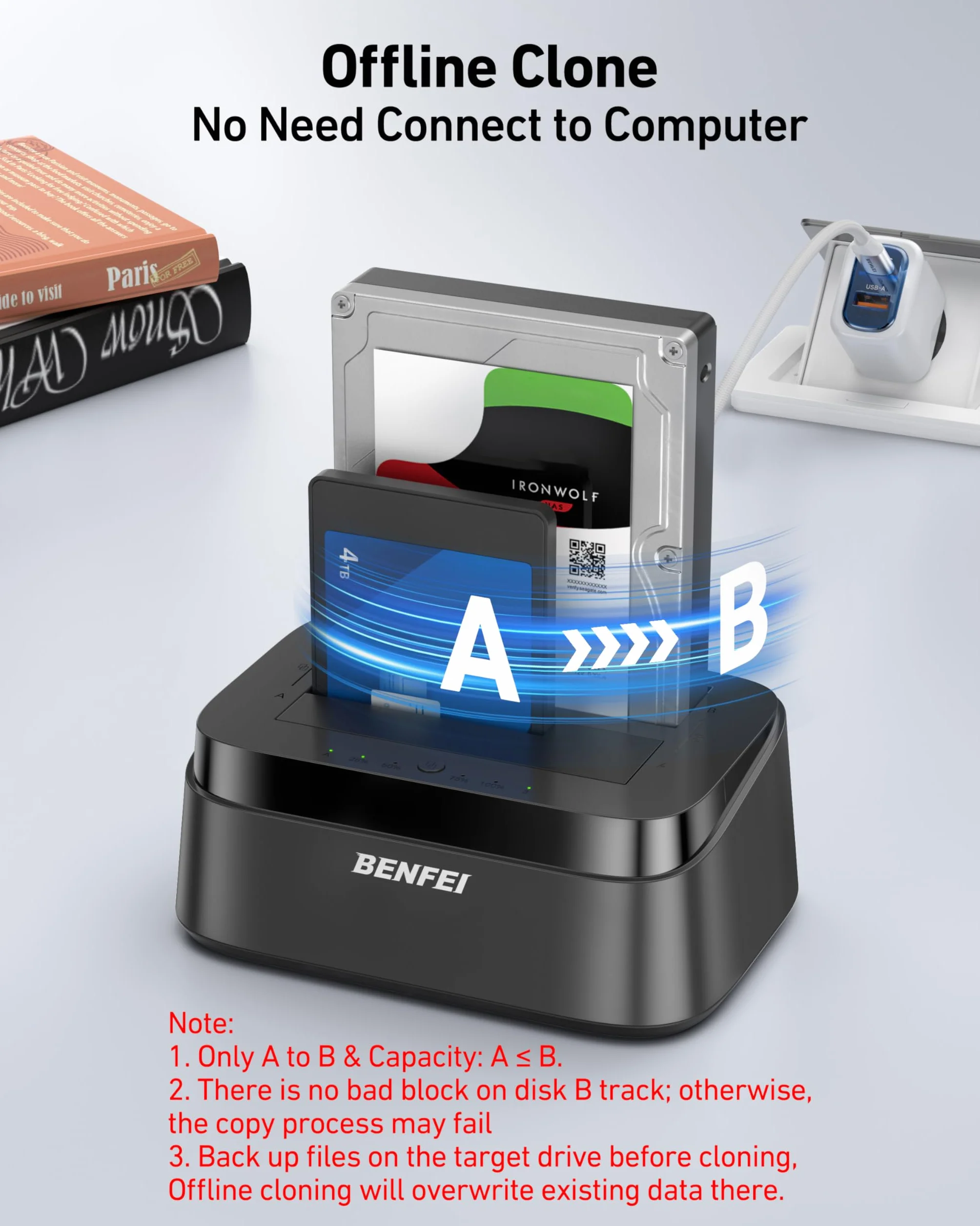 BENFEI Docking station per dischi rigidi con clonazione offline UASP, dock a doppio alloggiamento USB-C per HDD e SSD da 2,5/3,5", 5 Gbps