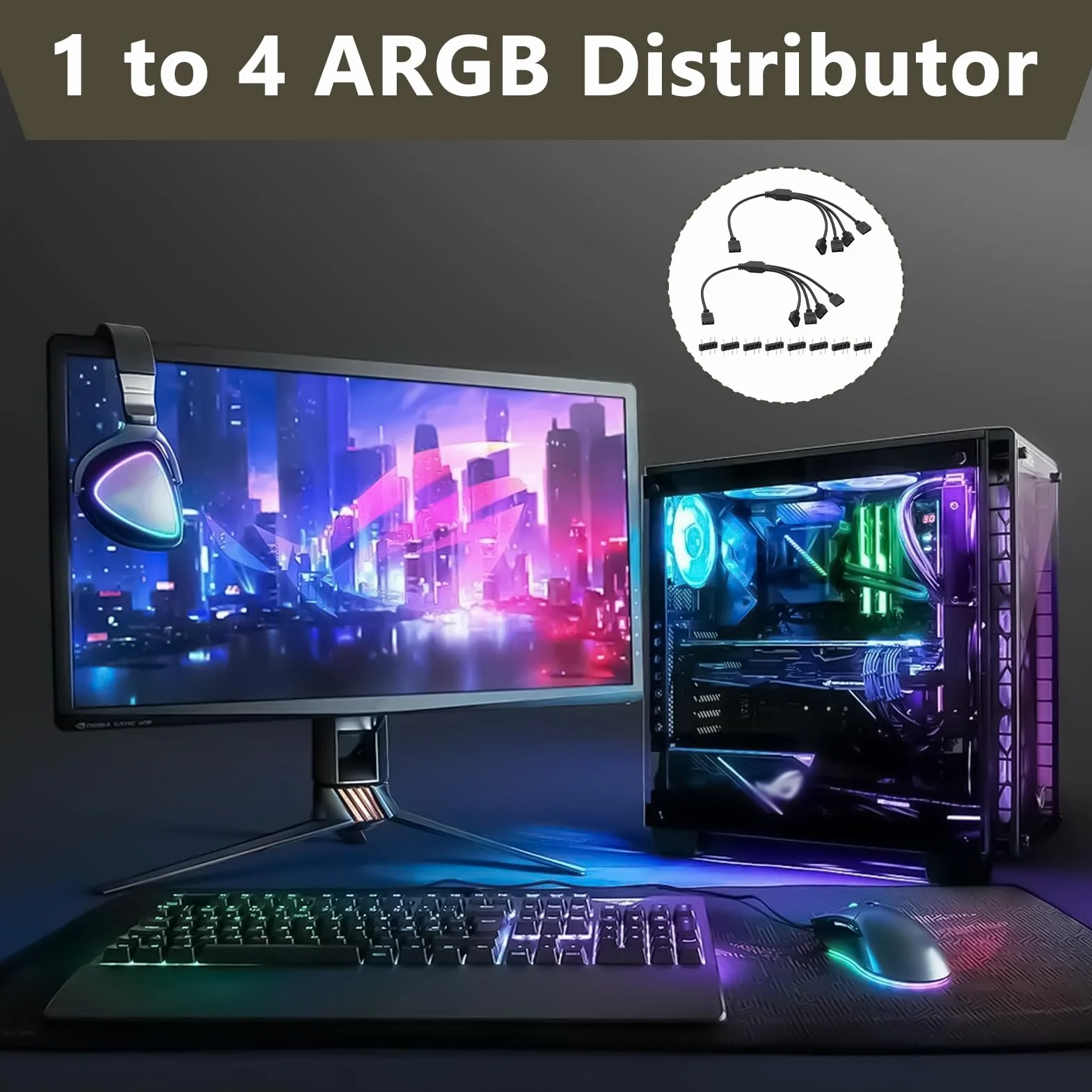 2 Pezzi Splitter ARGB 5V 3Pin 1 a 4, Cavo Connettore per Strisce LED RGB e Ventole, 30 cm con Connettori Maschi Indirizzabili, Estendi e Collega Dispositivi ARGB a Scheda Madre con Intestazione 3 Pin
