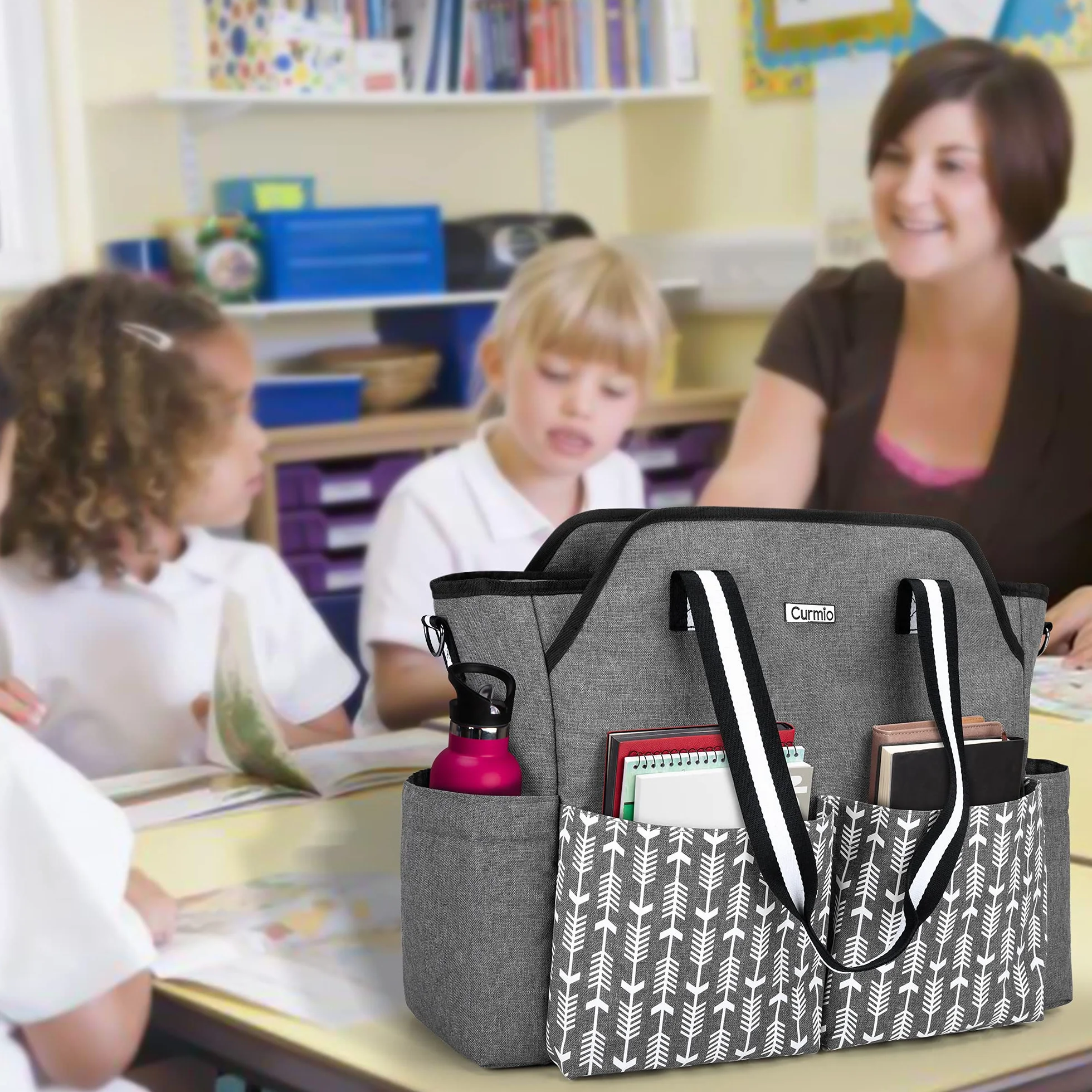 CURMIO Borsa da Lavoro per Insegnanti per Le Donne, Borsa Portatile con Tracolla e Custodia Imbottita per Laptop, Insegnanti, Solo Borsa Grigio
