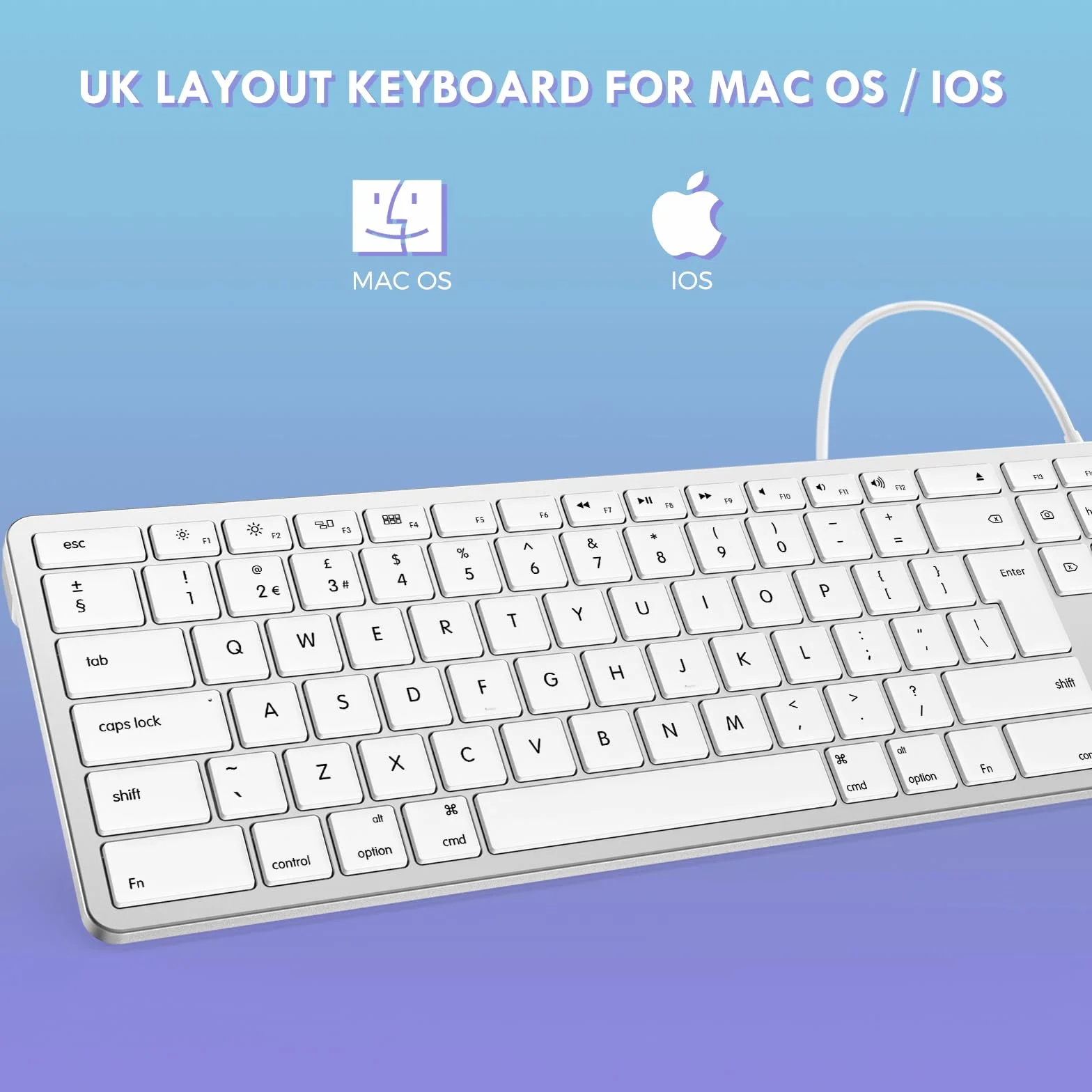 Seenda JP208 Tastiera cablata per Mac OS, esterna sottile full-size con tastierino numerico USB A e tipo C, layout Qwerty UK, bianco