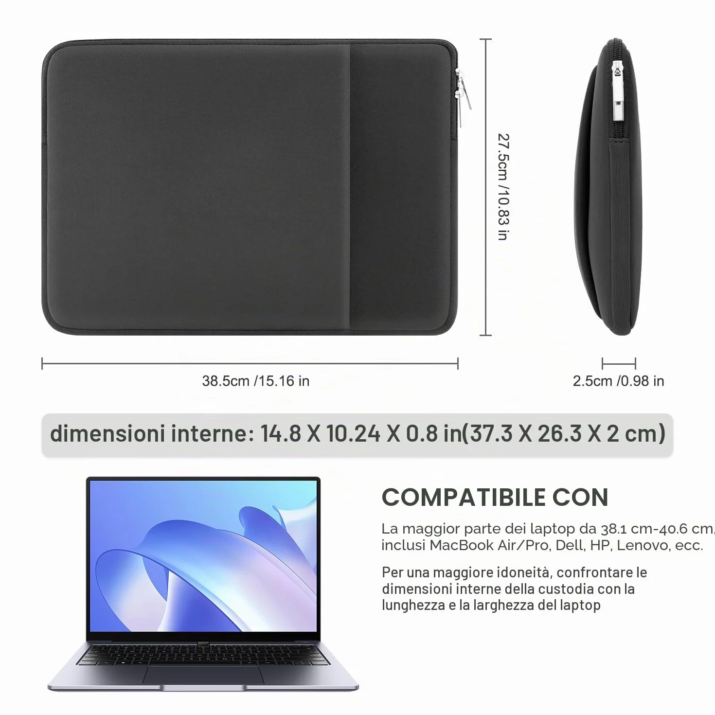 Custodia per Laptop 15-16 Pollici Compatibile con MacBook Air/Pro, Notebook Chromebook Borsa Portatile con Tasca Anteriore, Custodia Imbuttita Antishock per Computer