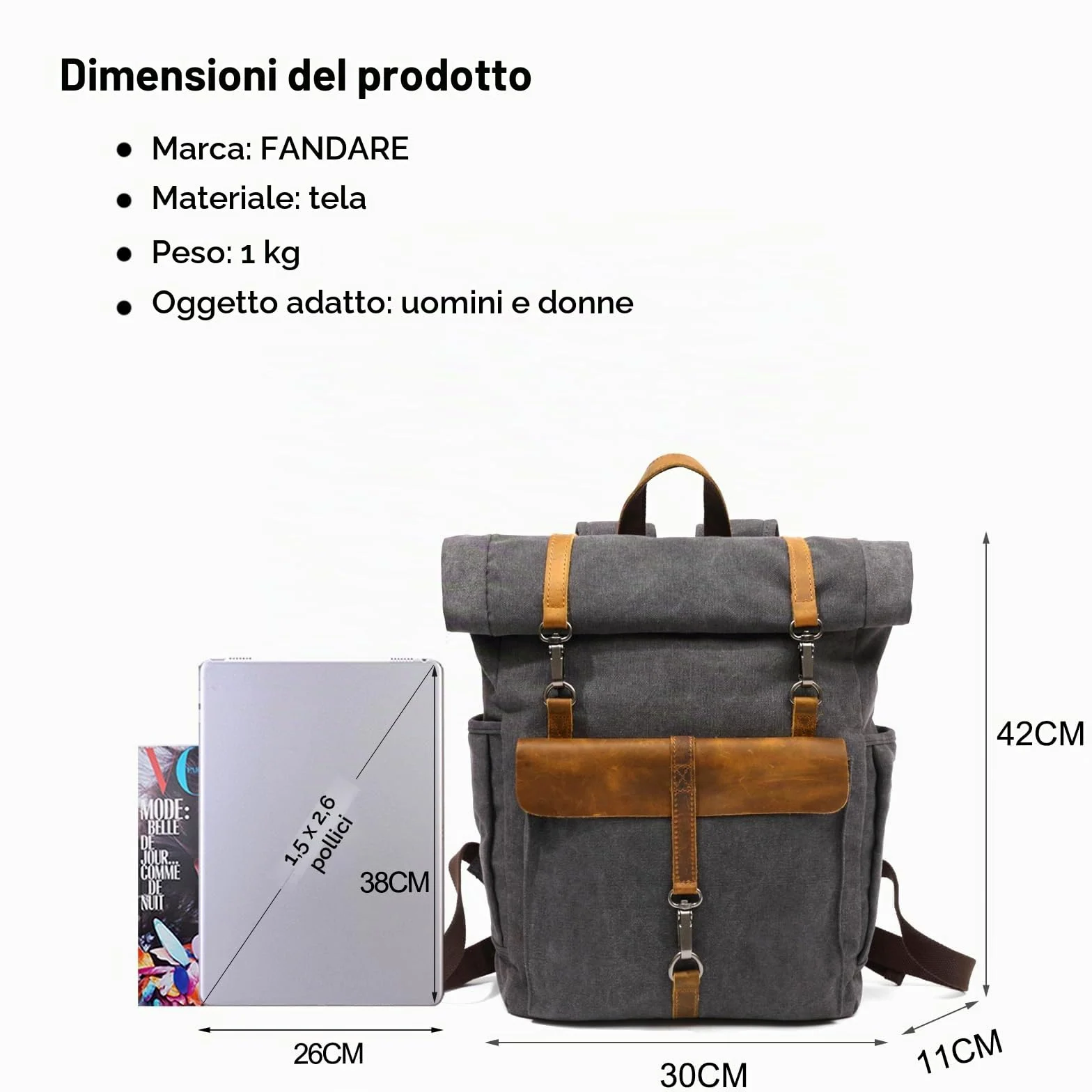 FANDARE Retrò Zaino Rolltop Zainetta Tela Zaino Porta PC Zainetto Scuola Zaino per 15.6 Pollici PC Borsa per Uomo Donna Scuola Università Viaggio Lavoro Daypacks Nero