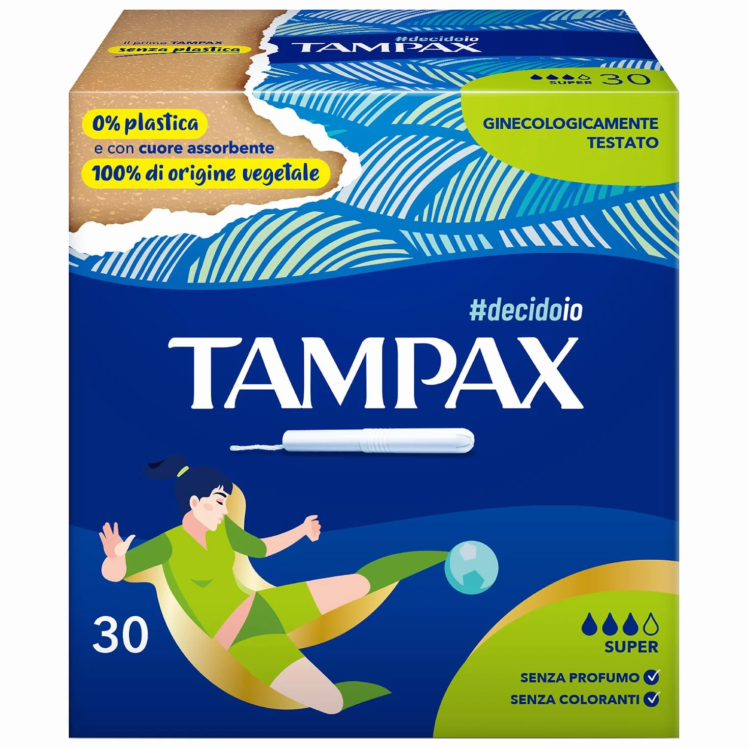 TAMPAX super 30 tamponi con applicatore in cartone cuore assorbente vegetale senza plastica antiforiuscita flusso abbondante