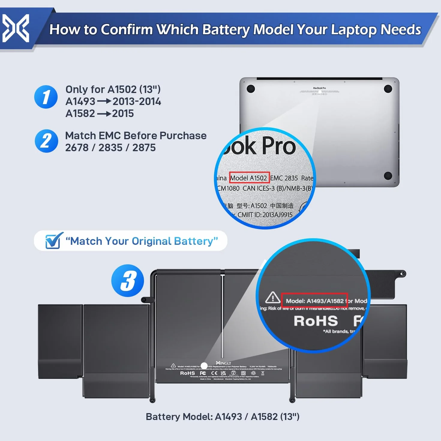 A1582 A1502 Batteria di ricambio per computer portatile per MacBook Pro A1502 13 pollici batteria A1493 (metà 2014, inizio 2015, fine 2013)