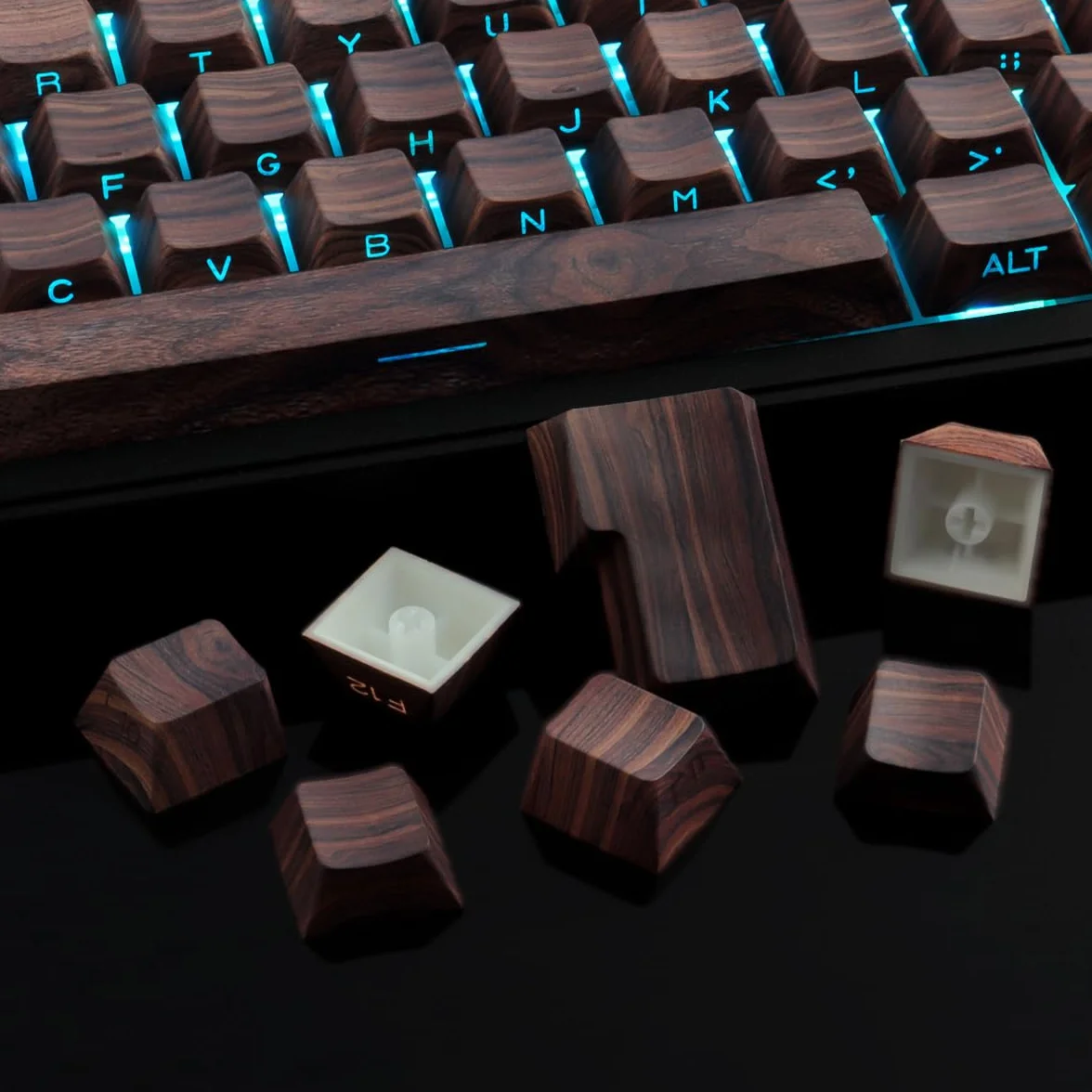 JakeTsai Copritasti con stampa laterale-PBT, Texture noce, Shine Through, Copritasti Double Shot 75 percento, dye-sub, Copritasti Cherry Profile per Gateron MX Switches Tastiera Meccanica
