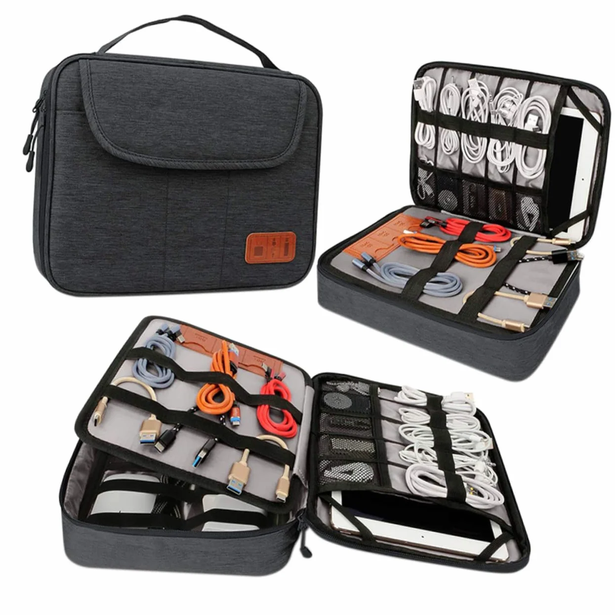 POPETPOP Borsa Organizer Cavi Elettronici Doppio Grande Capacità con Tasche per Telefoni e Tablet Fino Custodia Leggera da Viaggio con Manico Adatta per Accessori Digitali e Caricatori