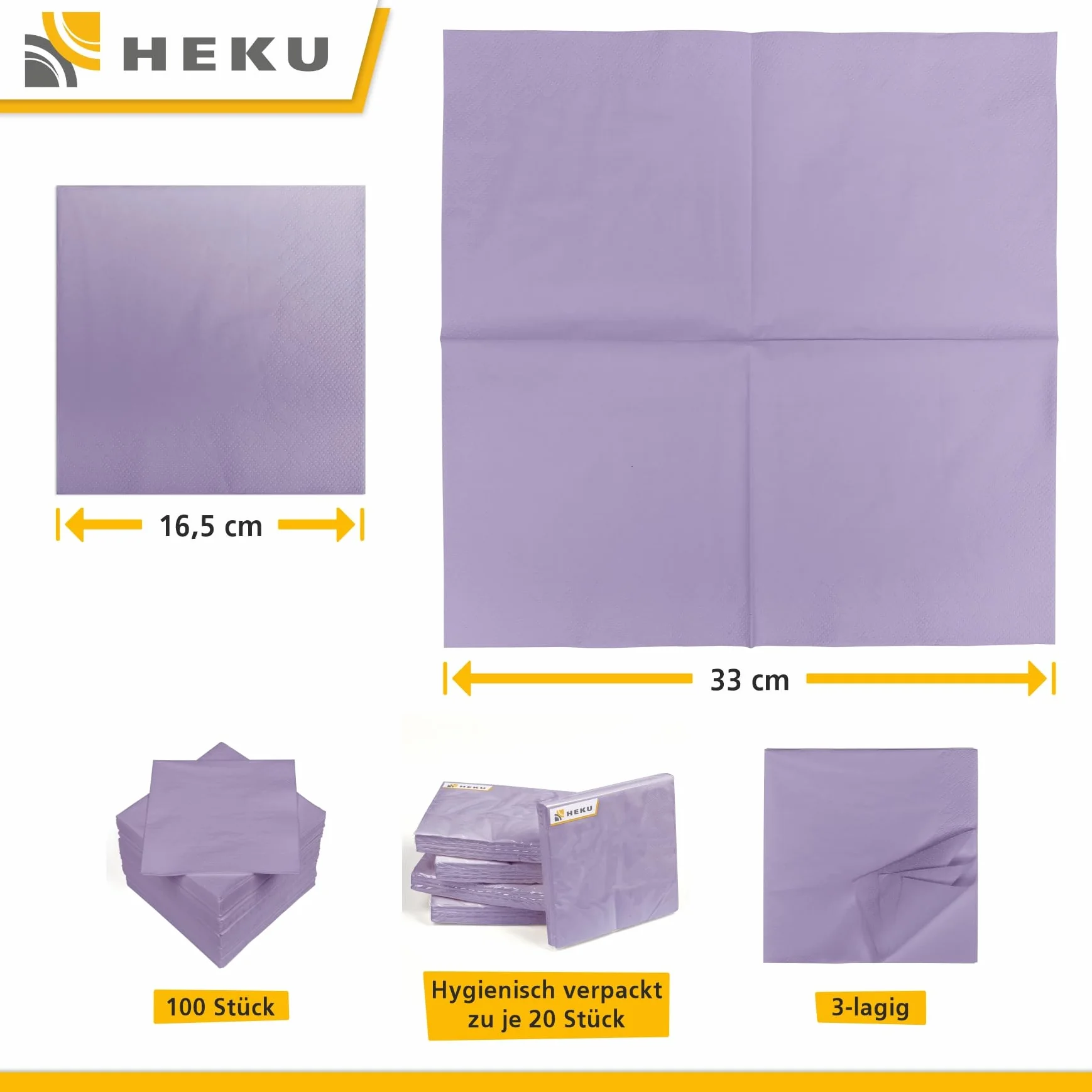 HEKU 100 tovaglioli in tinta unita, 3 strati, 33 x 33 cm, confezione da 5, lilla