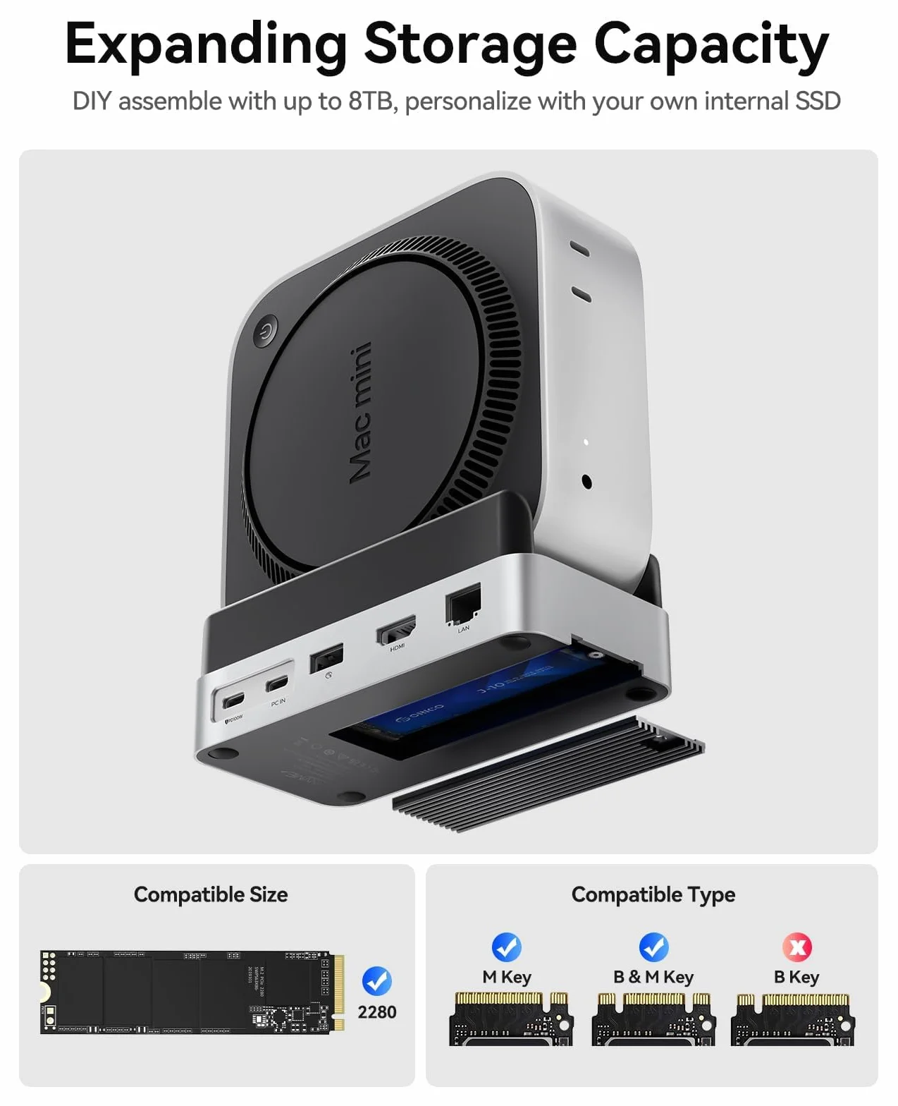 ORICO MiniDock Hub e Supporto per Mac mini M4/M4 Pro, con Alloggiamento SSD NVMe, Uscite HDMI 4K e DisplayPort, Lettore di Schede SD/TF 3.0, Porte USB‑C e USB‑A a 10 Gbps, Ricarica PD 100 W – VS10