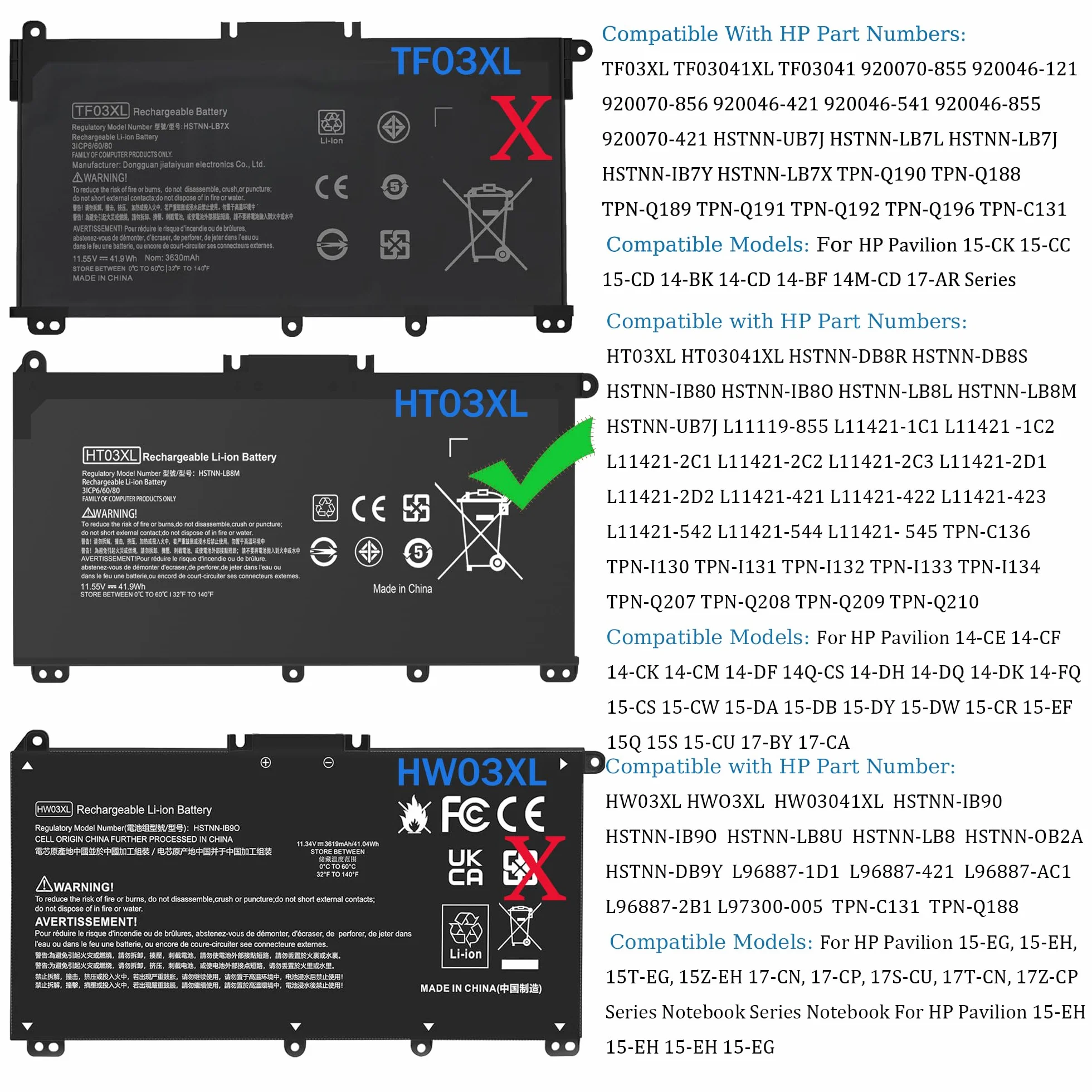 HT03XL Batteria per computer portatile HP L11119-855 HP Batteria per HP Pavilion 15-DA 15-DB 15-DW 15-CS 15-DY 17-by 17-CA 14-CE 14-CF 14-DF 14-DQ 14-DK Series 15-CS0053CL 15-DA001 4DX HSTNN-U. B7J
