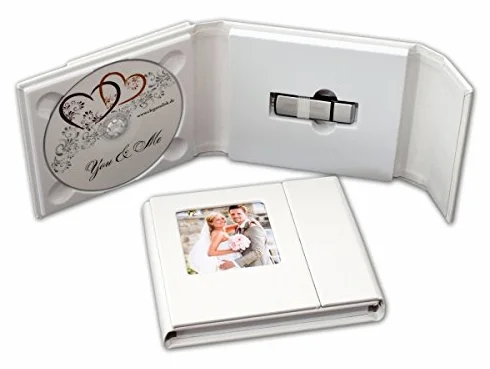 Custodia con supporto per DVD, slot per chiavetta USB e finestrella per foto, motivo: matrimonio, in ecopelle, colore: bianco