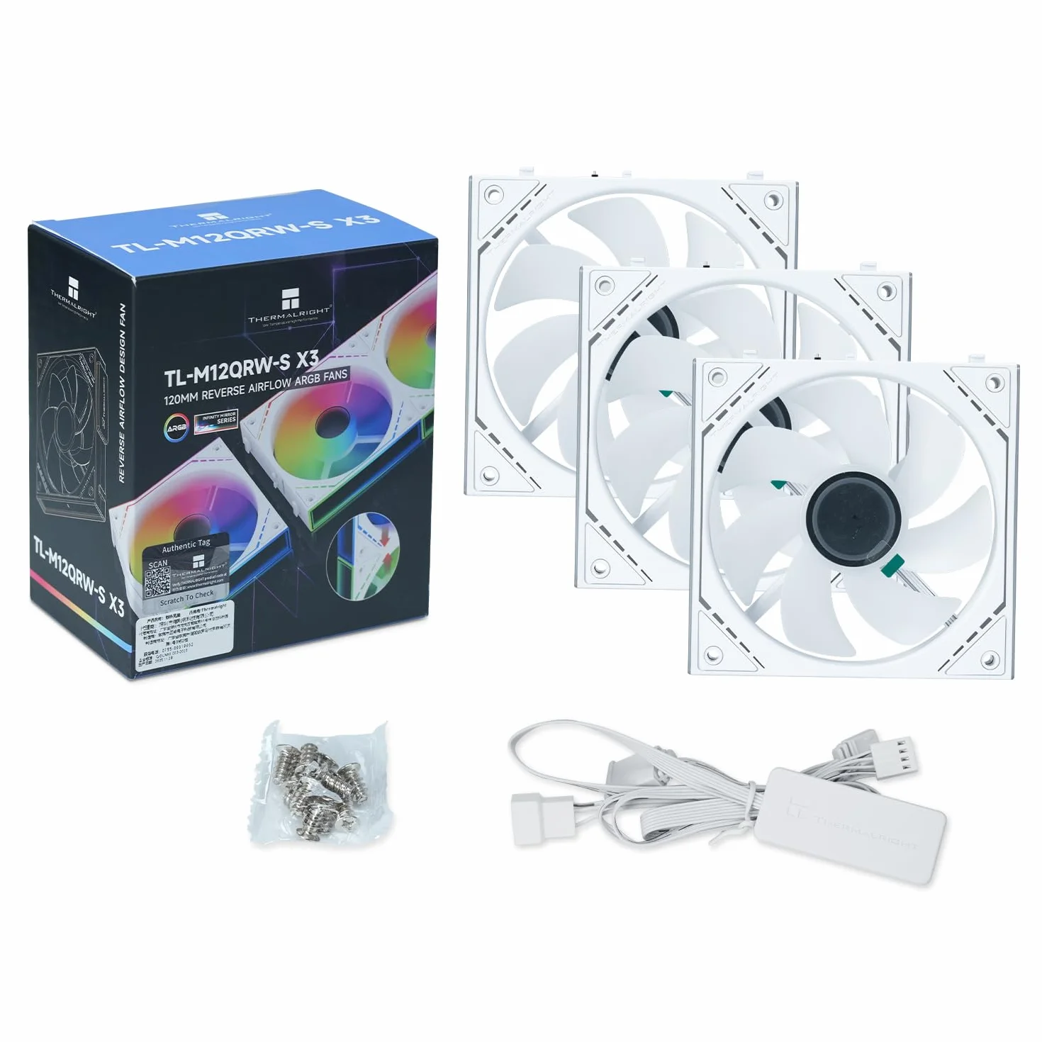 Thermalright TL‑M12QRW-S X3 Ventole per case PC da 120 mm con lama inversa, flusso d'aria 1500 giri/min, catena a margherita ARGB, illuminazione a specchio infinito, confezione da 3